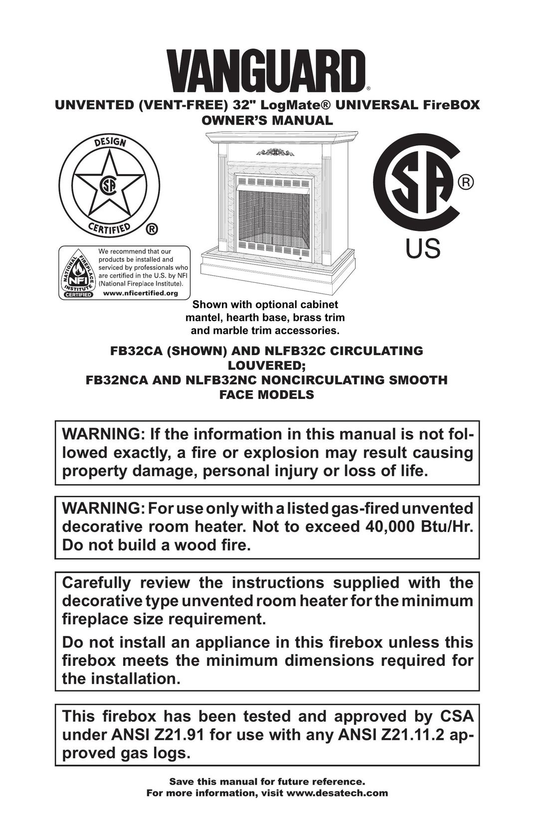 Vanguard Heating FB32CA Indoor Fireplace User Manual