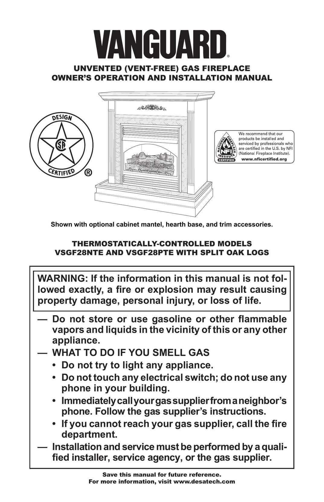 Vanguard Heating VSGF-28PTE Indoor Fireplace User Manual