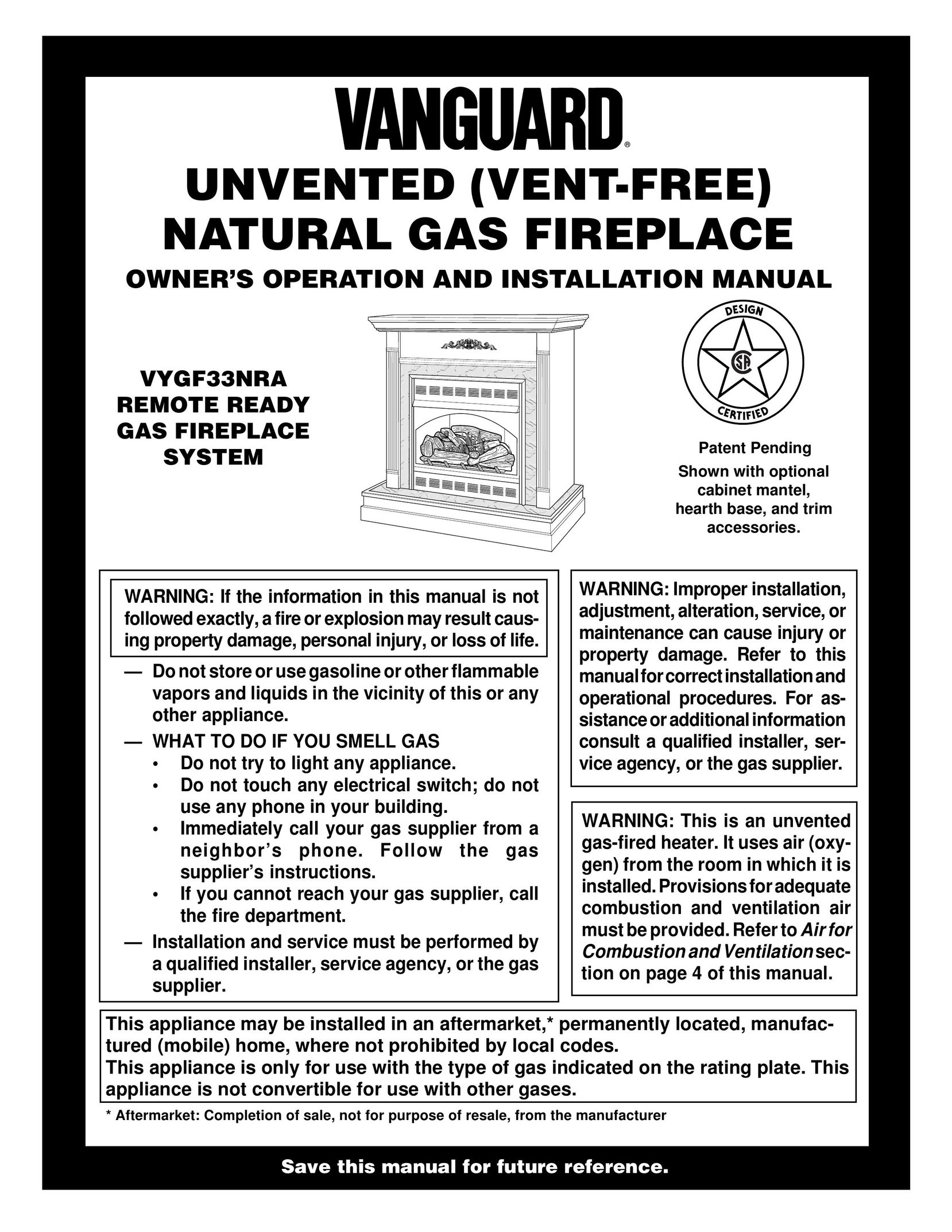 Vanguard Heating VYGF33NRA Indoor Fireplace User Manual