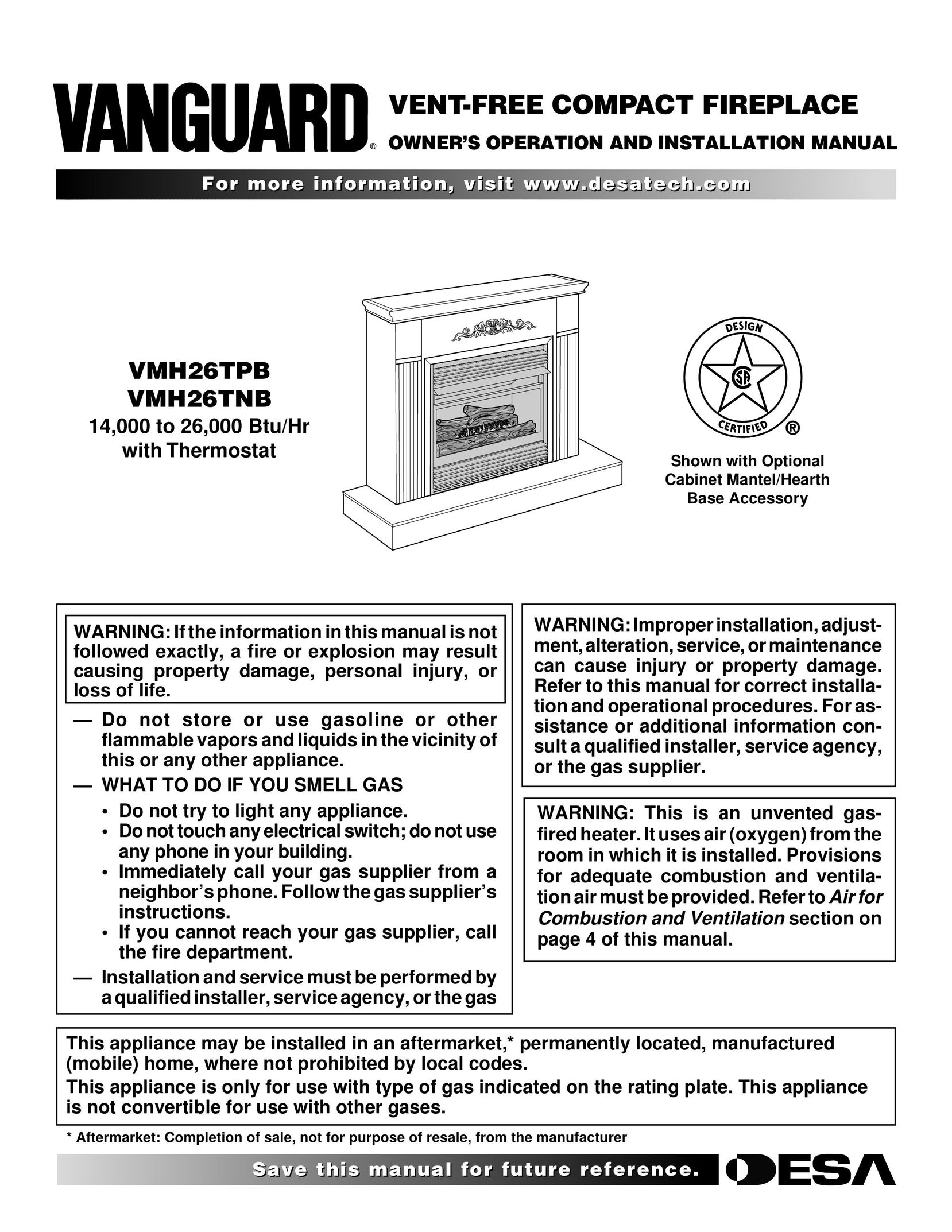 Vanguard Heating WMH26TNB Indoor Fireplace User Manual