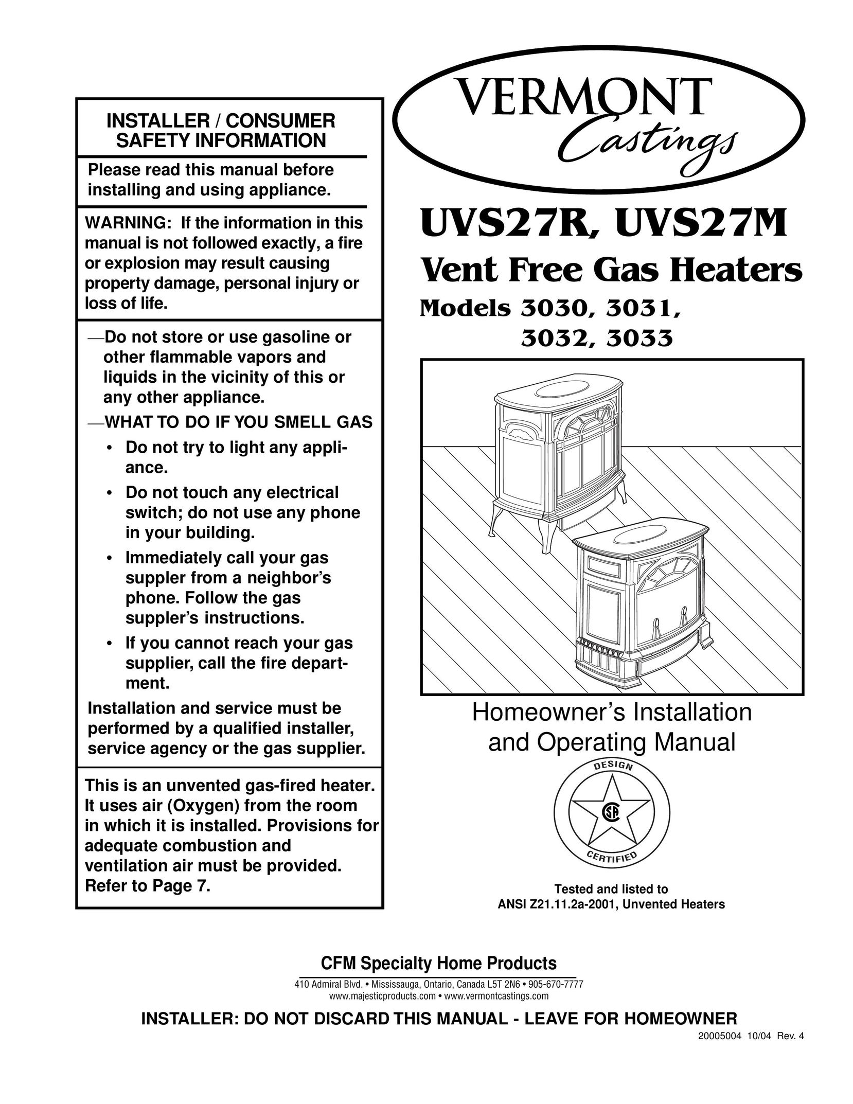 Vermont Casting 3033 Indoor Fireplace User Manual