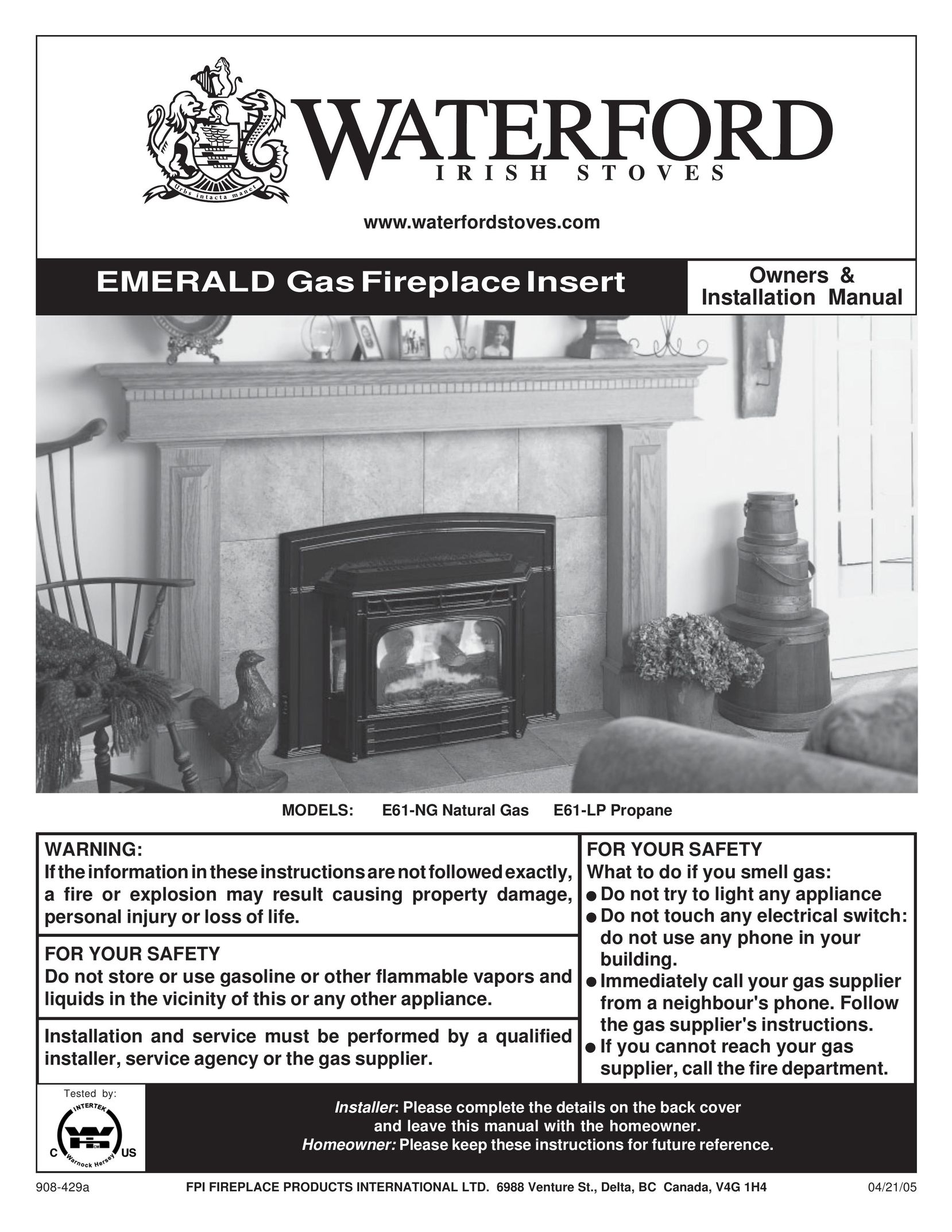 Waterford Appliances E61-NG Indoor Fireplace User Manual
