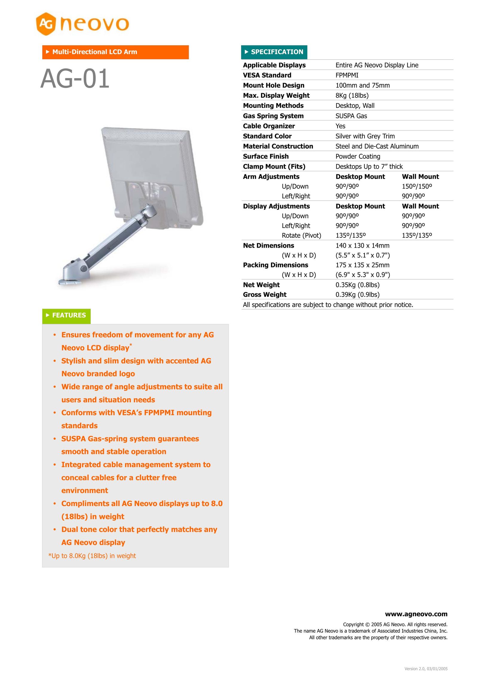 AG Neovo AG-01 Indoor Furnishings User Manual