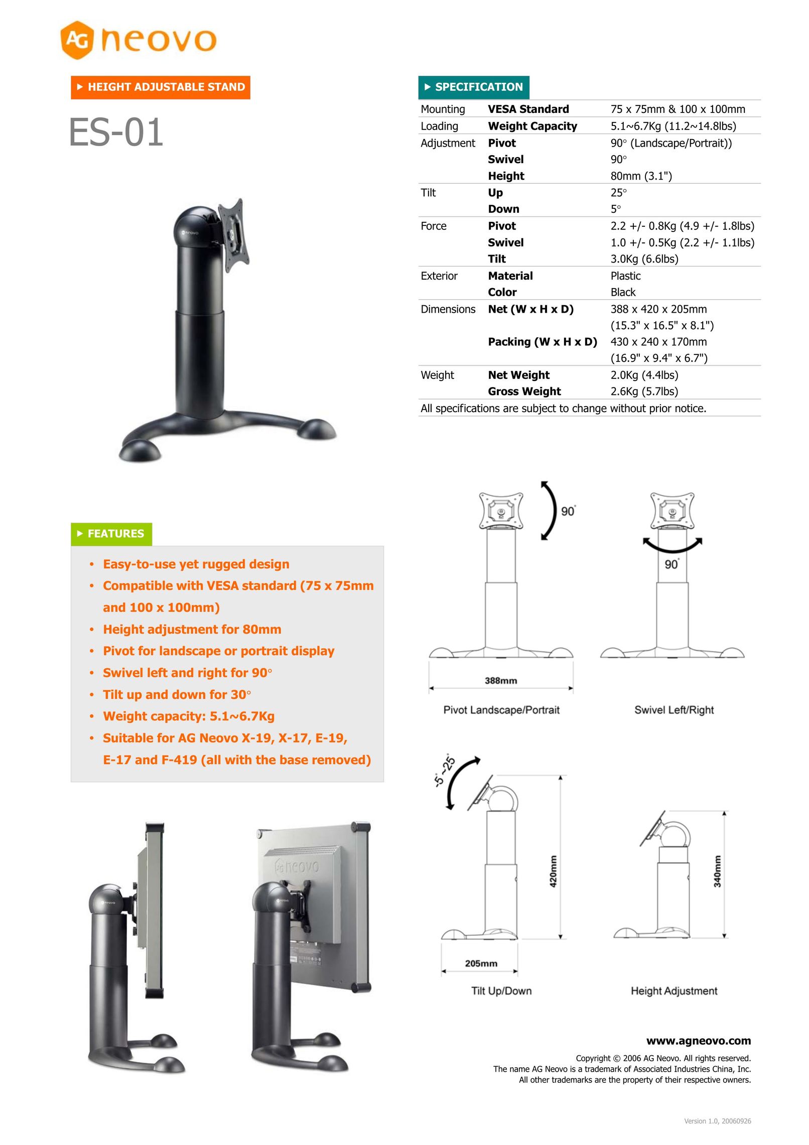 AG Neovo ES-01 Indoor Furnishings User Manual