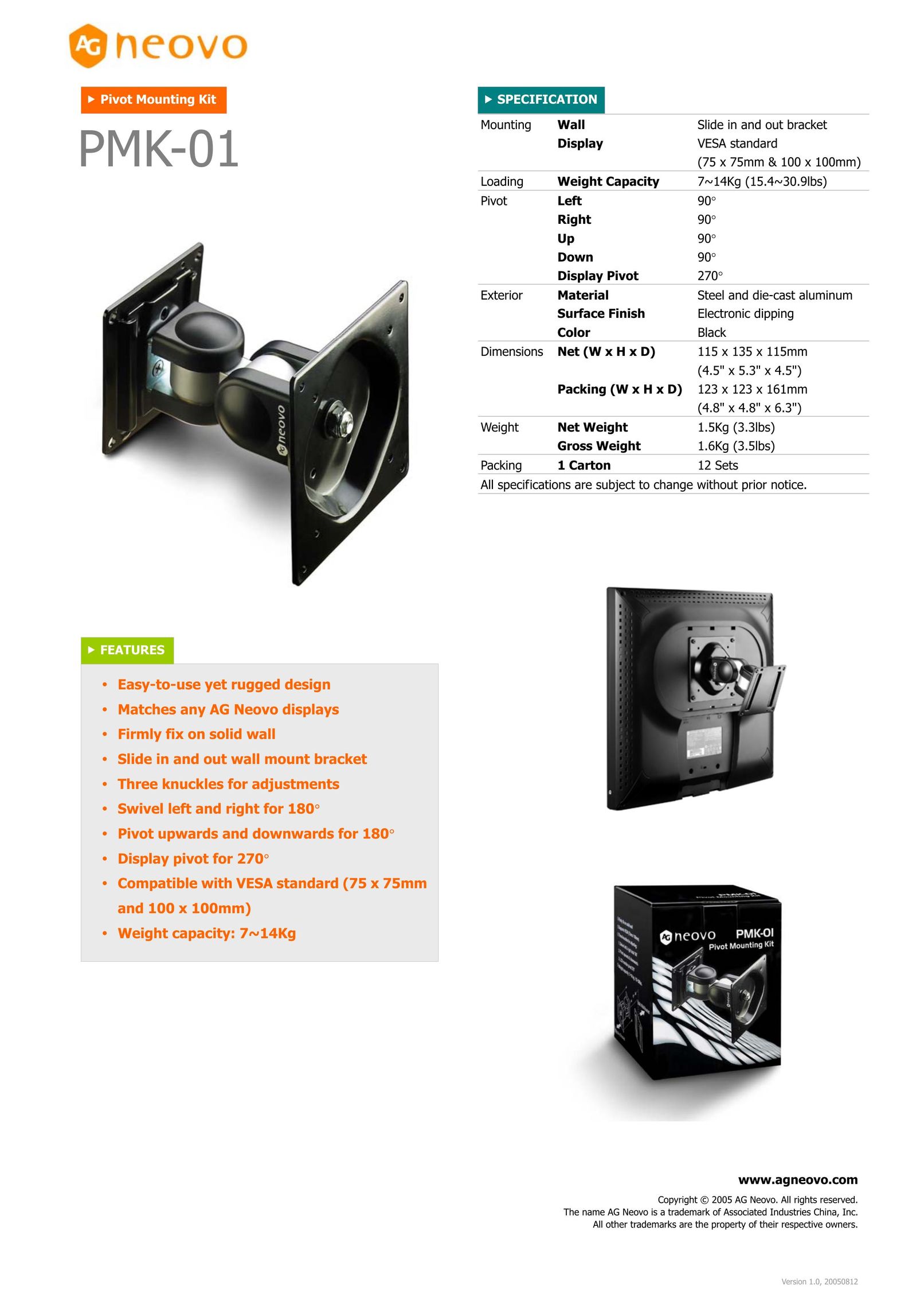 AG Neovo PMK-01 Indoor Furnishings User Manual