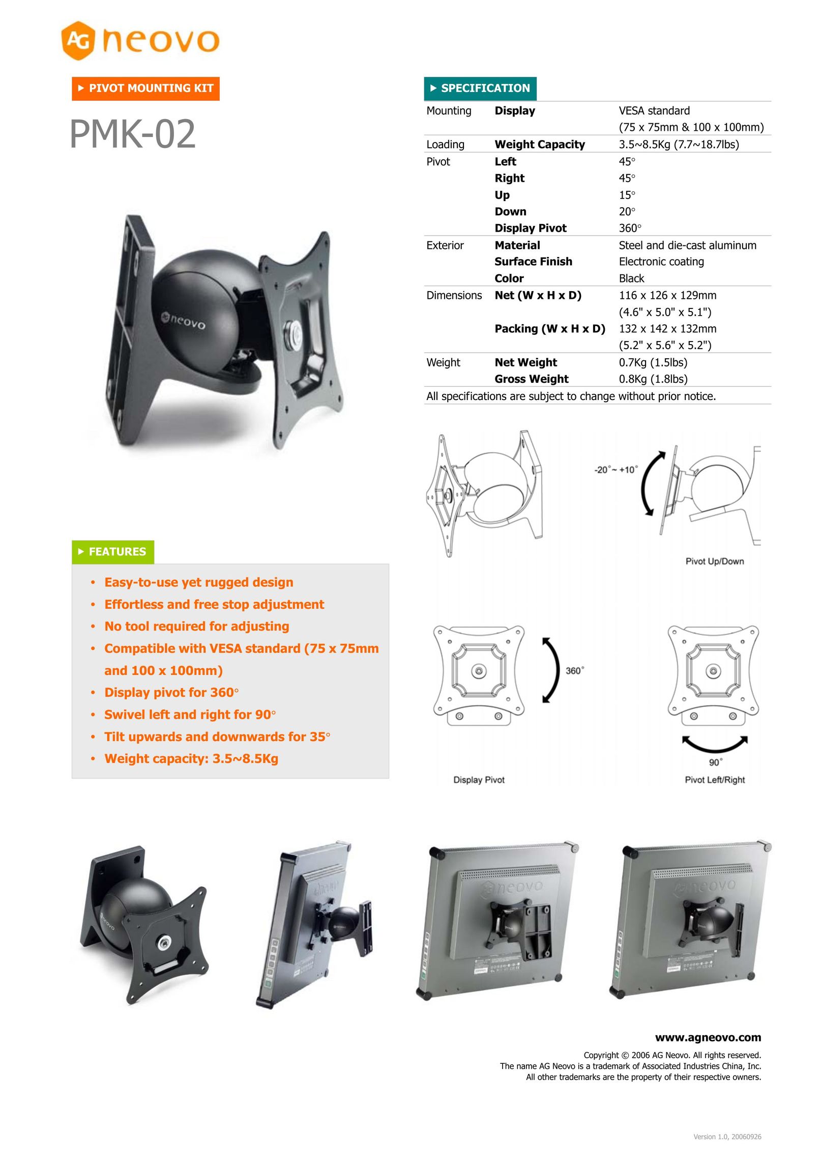 AG Neovo PMK-02 Indoor Furnishings User Manual