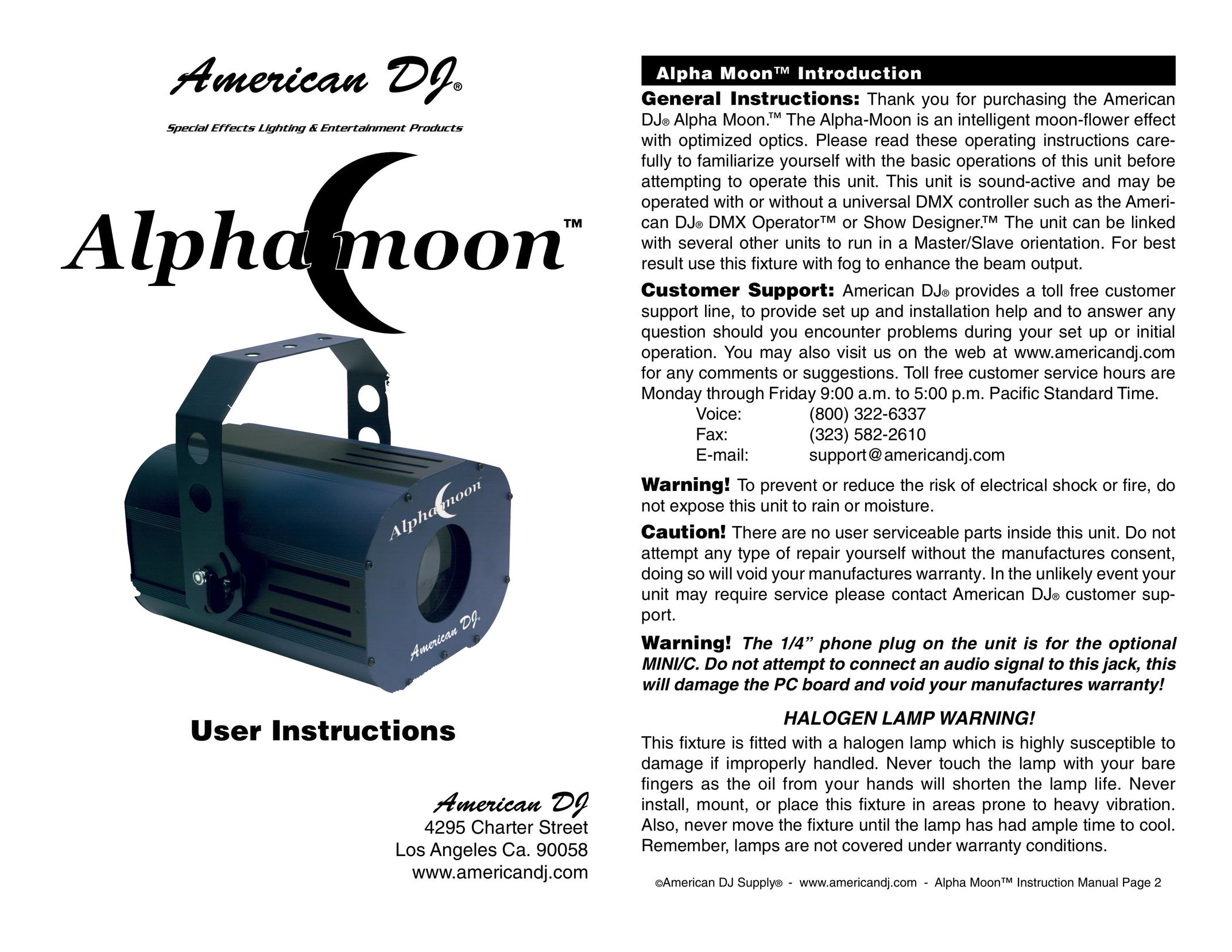 American DJ Alpha Moon Indoor Furnishings User Manual