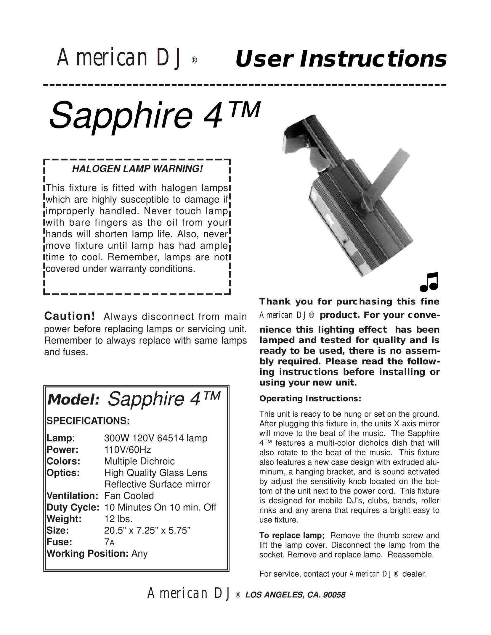 American DJ Sapphire 4 Indoor Furnishings User Manual