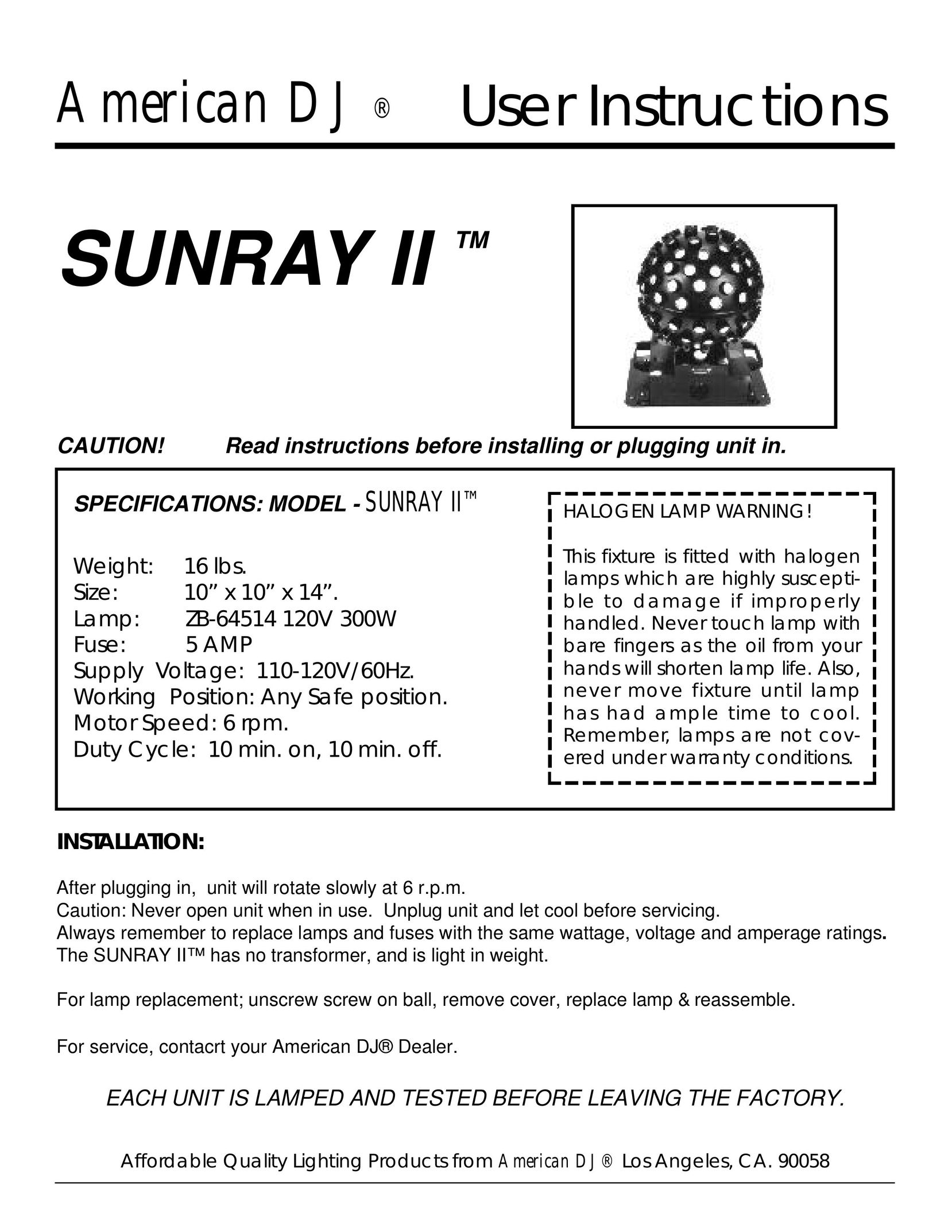 American DJ Sunray Indoor Furnishings User Manual