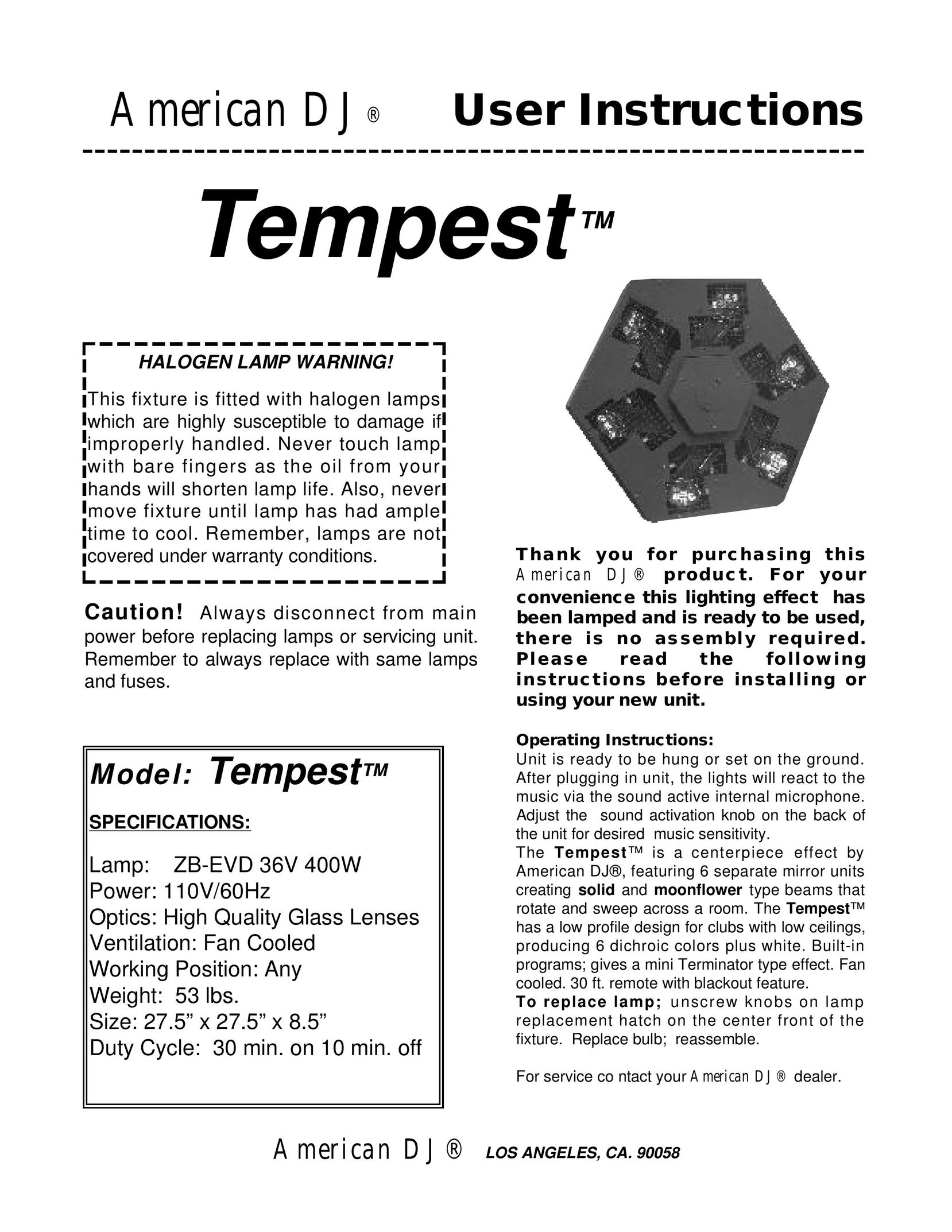 American DJ Tempest Indoor Furnishings User Manual