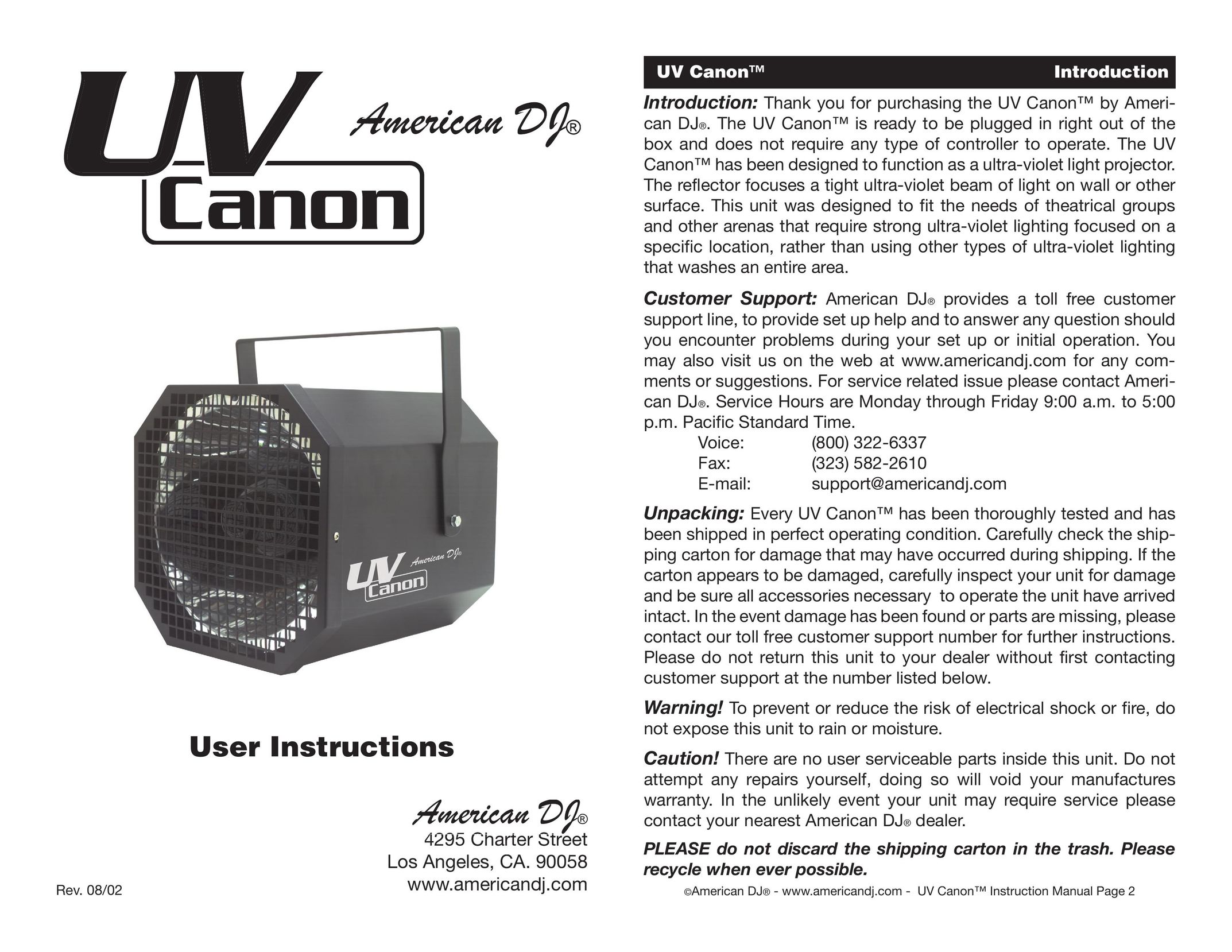 American DJ UV Canon Indoor Furnishings User Manual