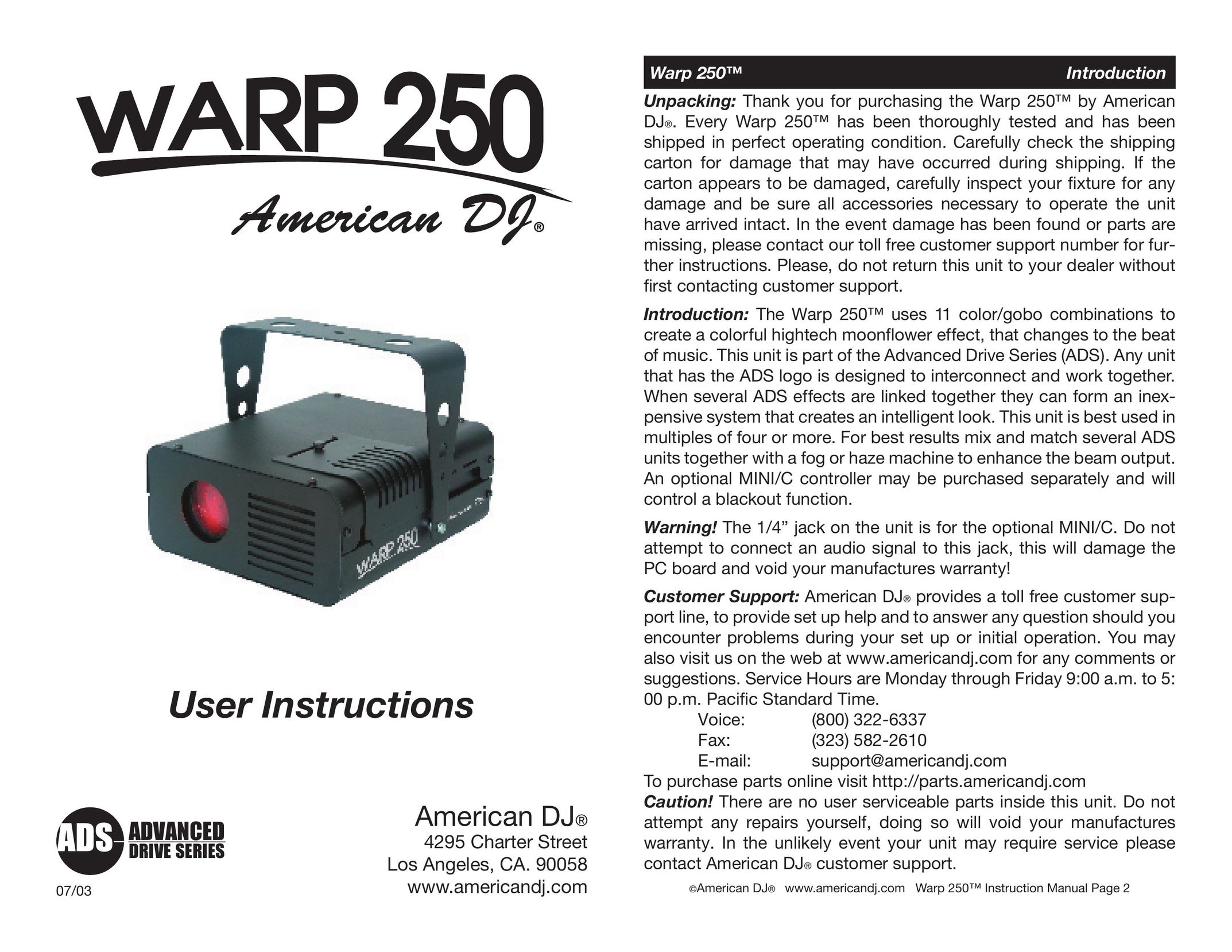 American Music & Sound Warp 250 Indoor Furnishings User Manual
