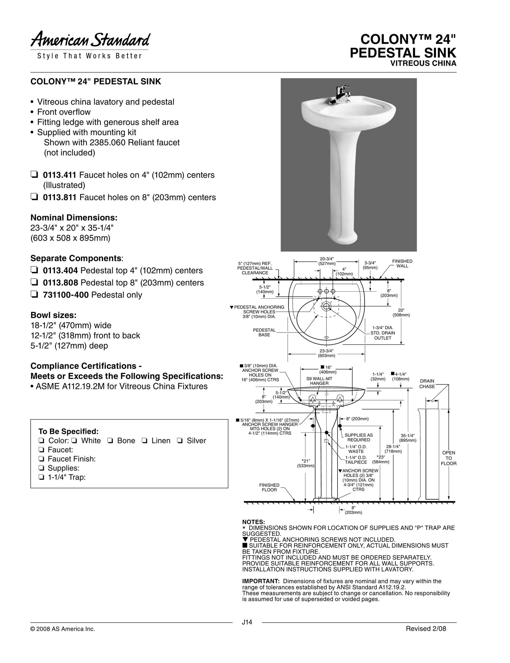 American Standard 0113.404 Indoor Furnishings User Manual