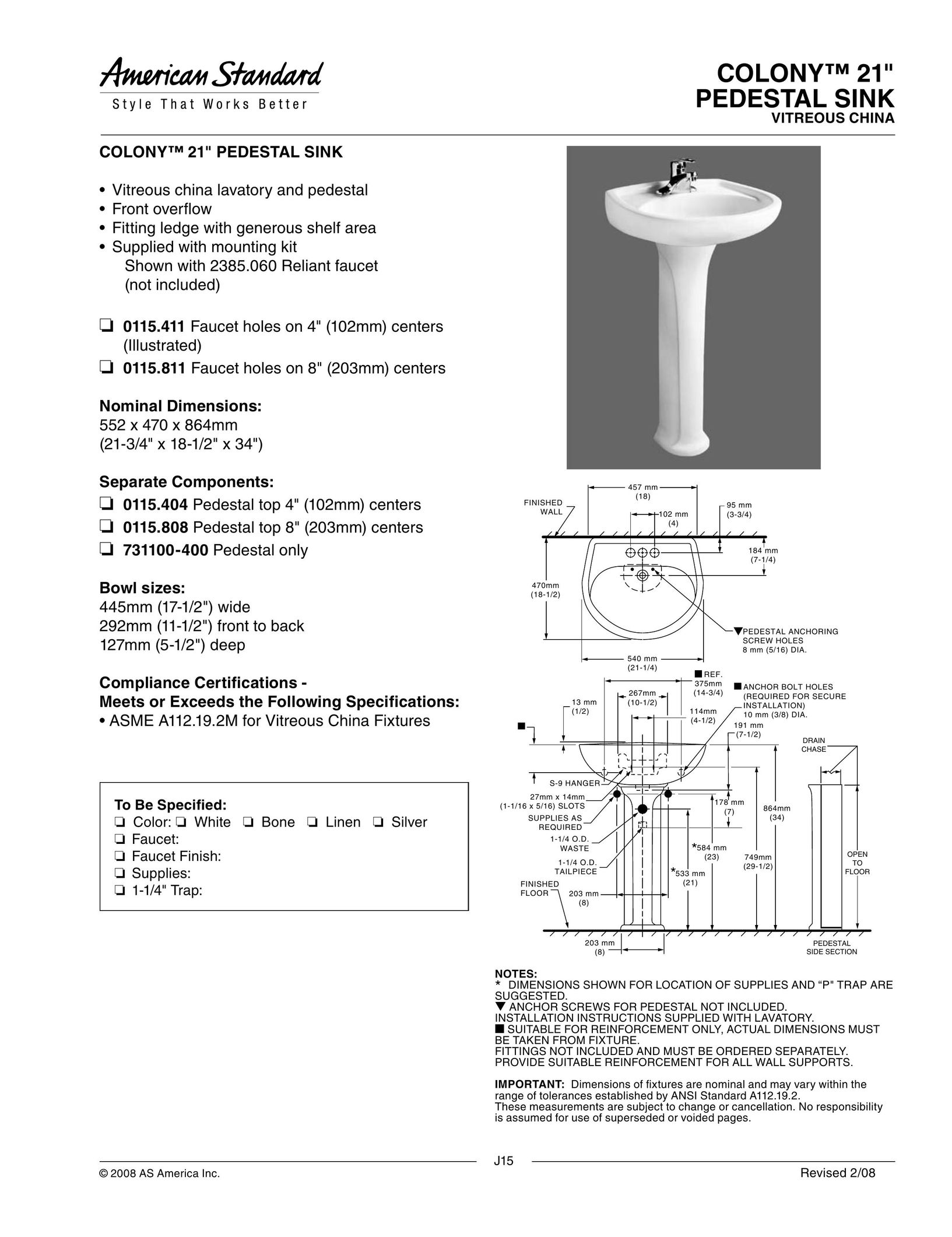 American Standard 0115.404 Indoor Furnishings User Manual