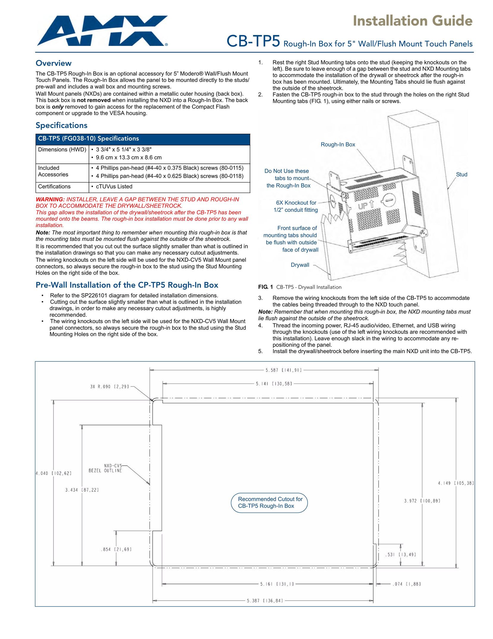 AMX CB-TP5 Indoor Furnishings User Manual