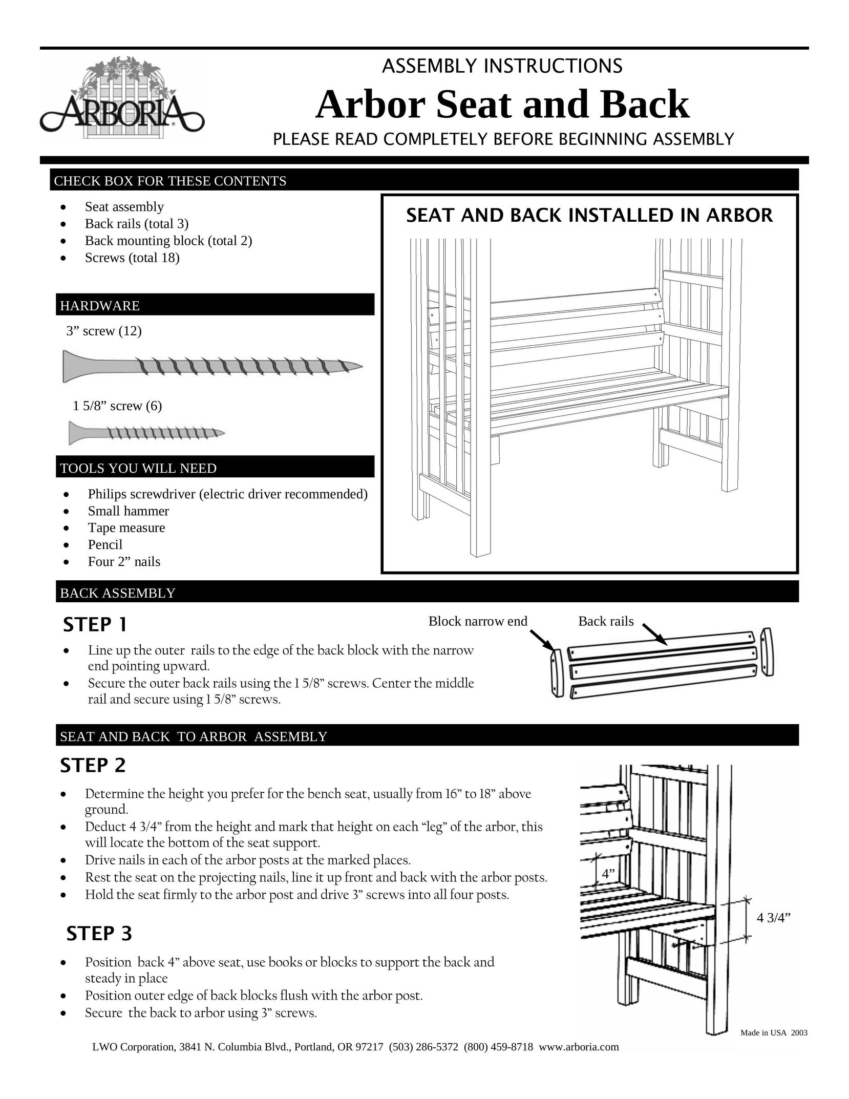 Arboria Seat and Back Indoor Furnishings User Manual