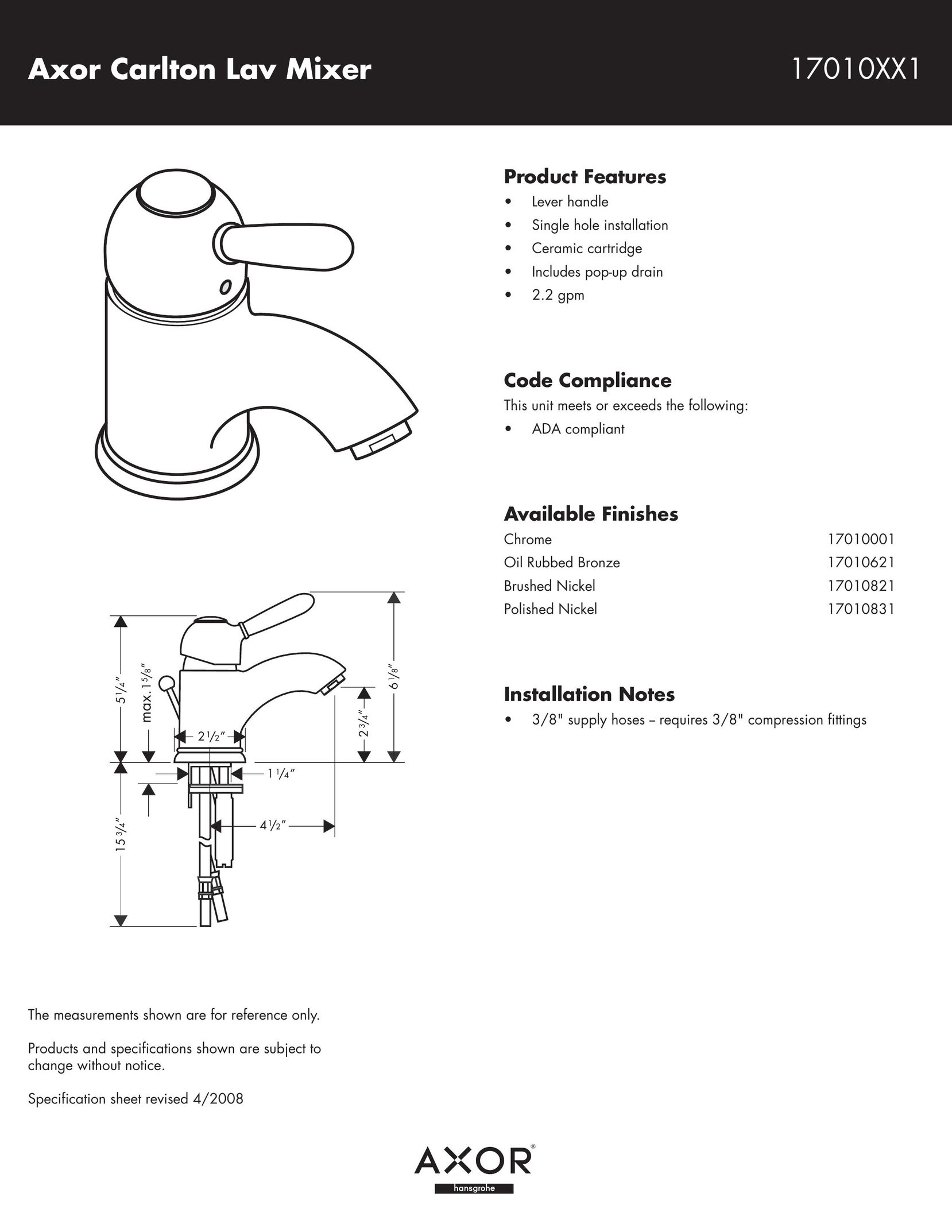 Axor 17010XX1 Indoor Furnishings User Manual