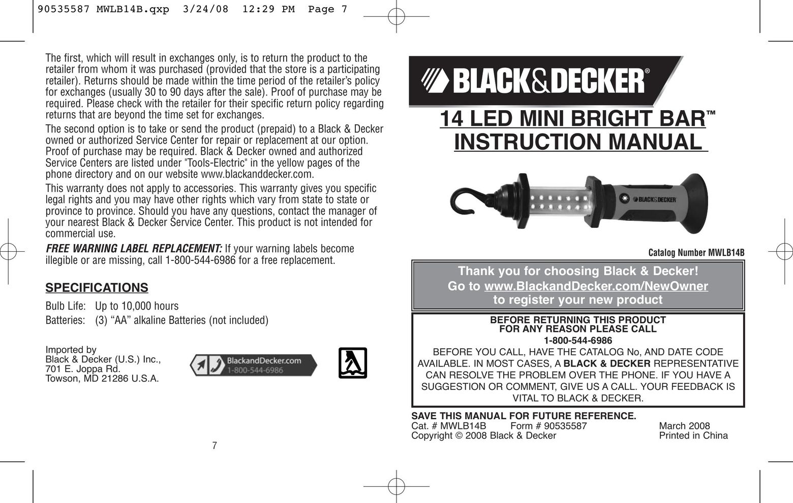 Black & Decker MWLB14B Indoor Furnishings User Manual
