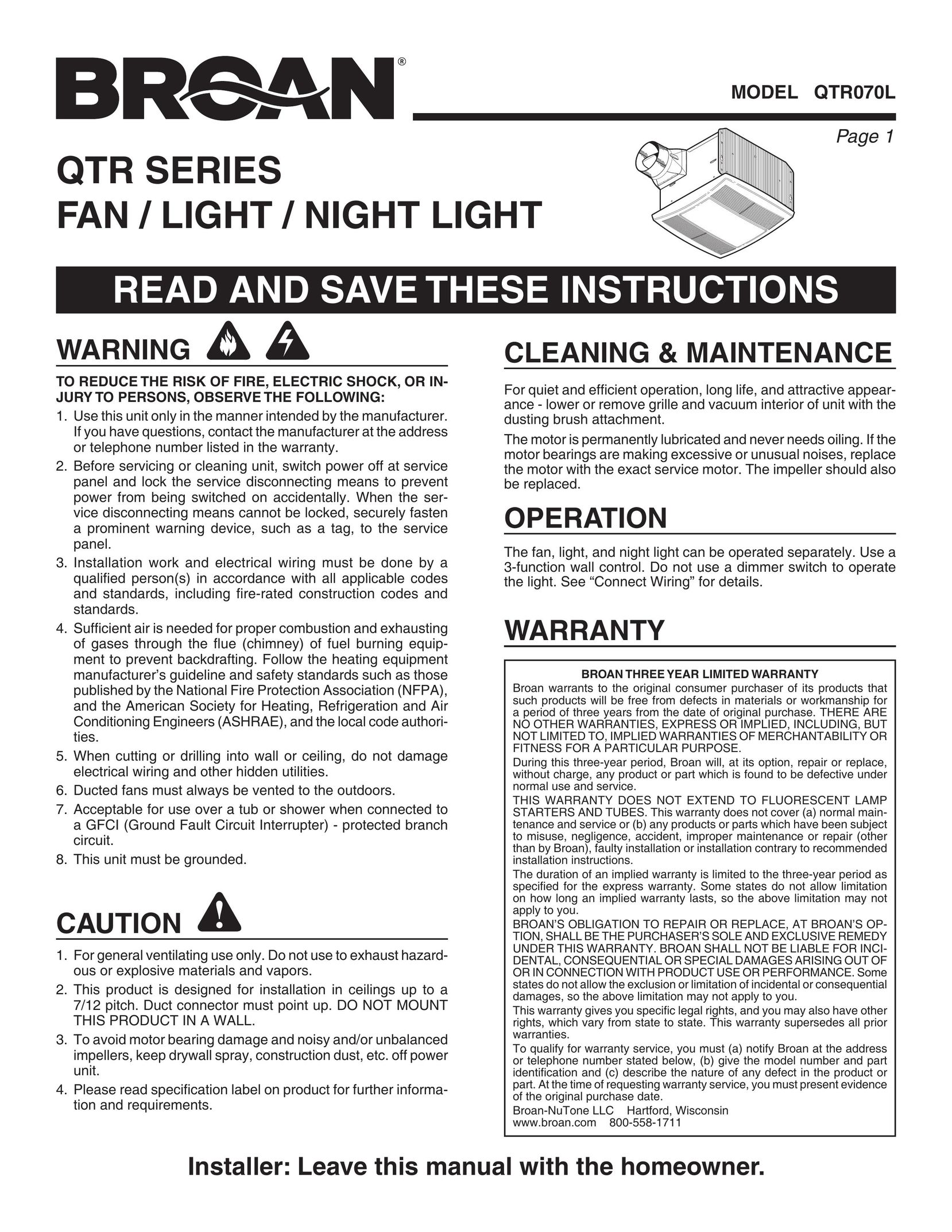 Broan QTR070L Indoor Furnishings User Manual