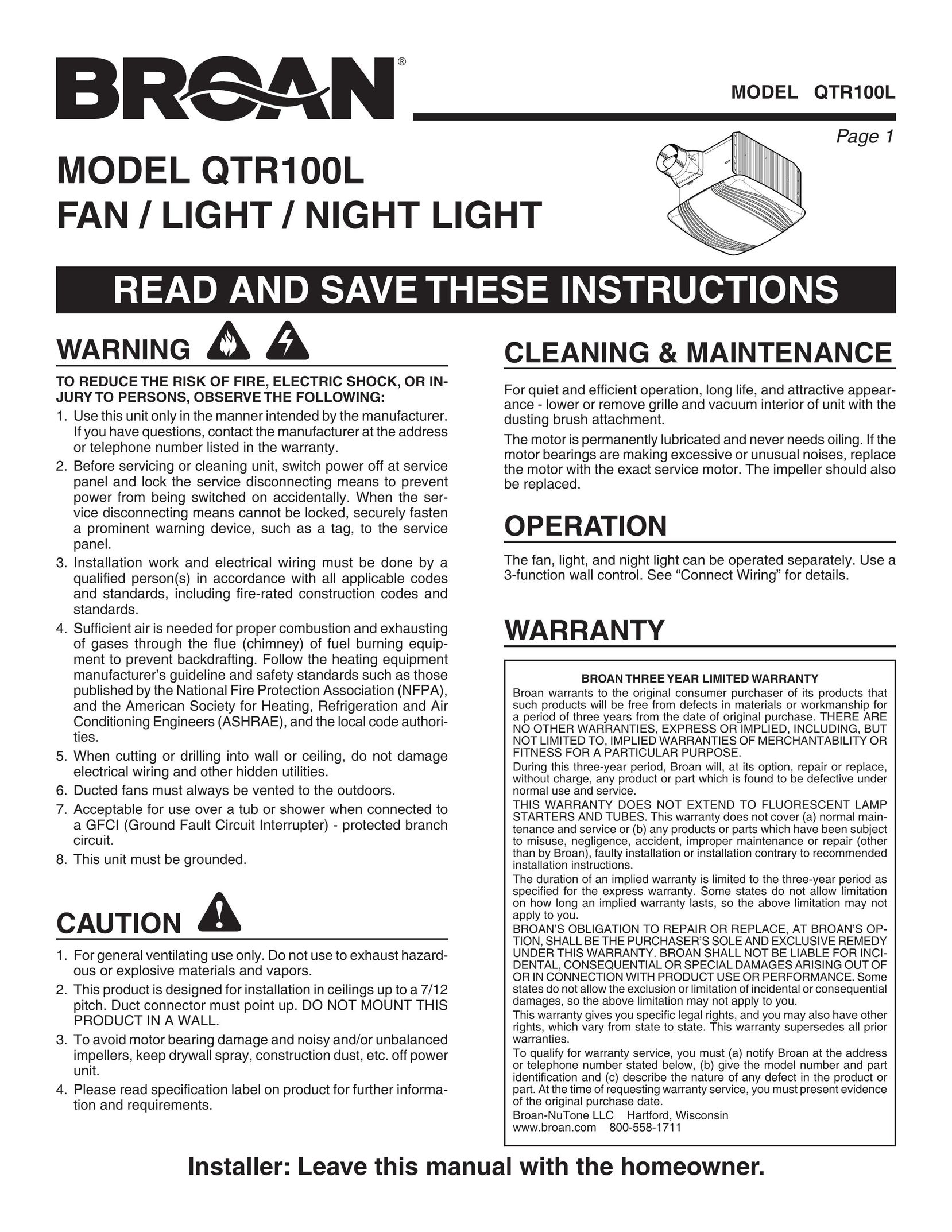Broan QTR100L Indoor Furnishings User Manual