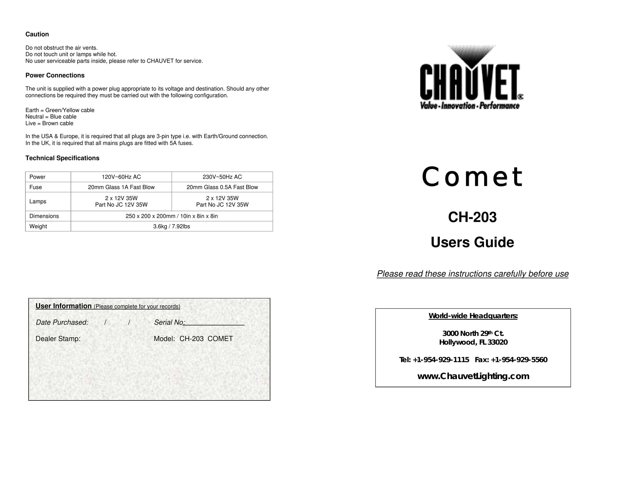 Chauvet CH-203 Indoor Furnishings User Manual