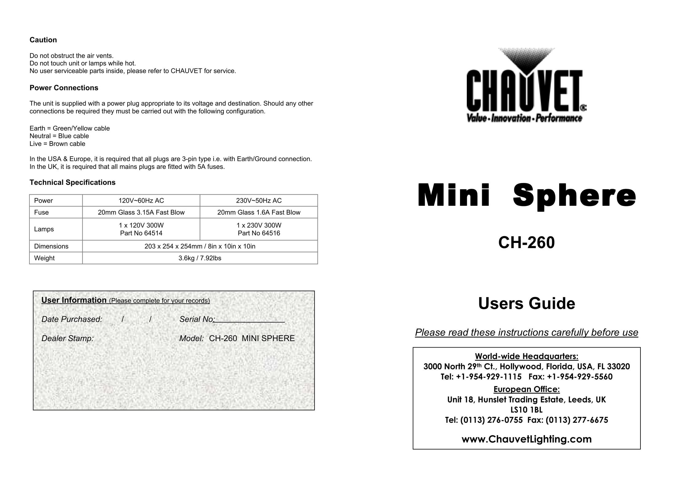 Chauvet CH-260 Indoor Furnishings User Manual