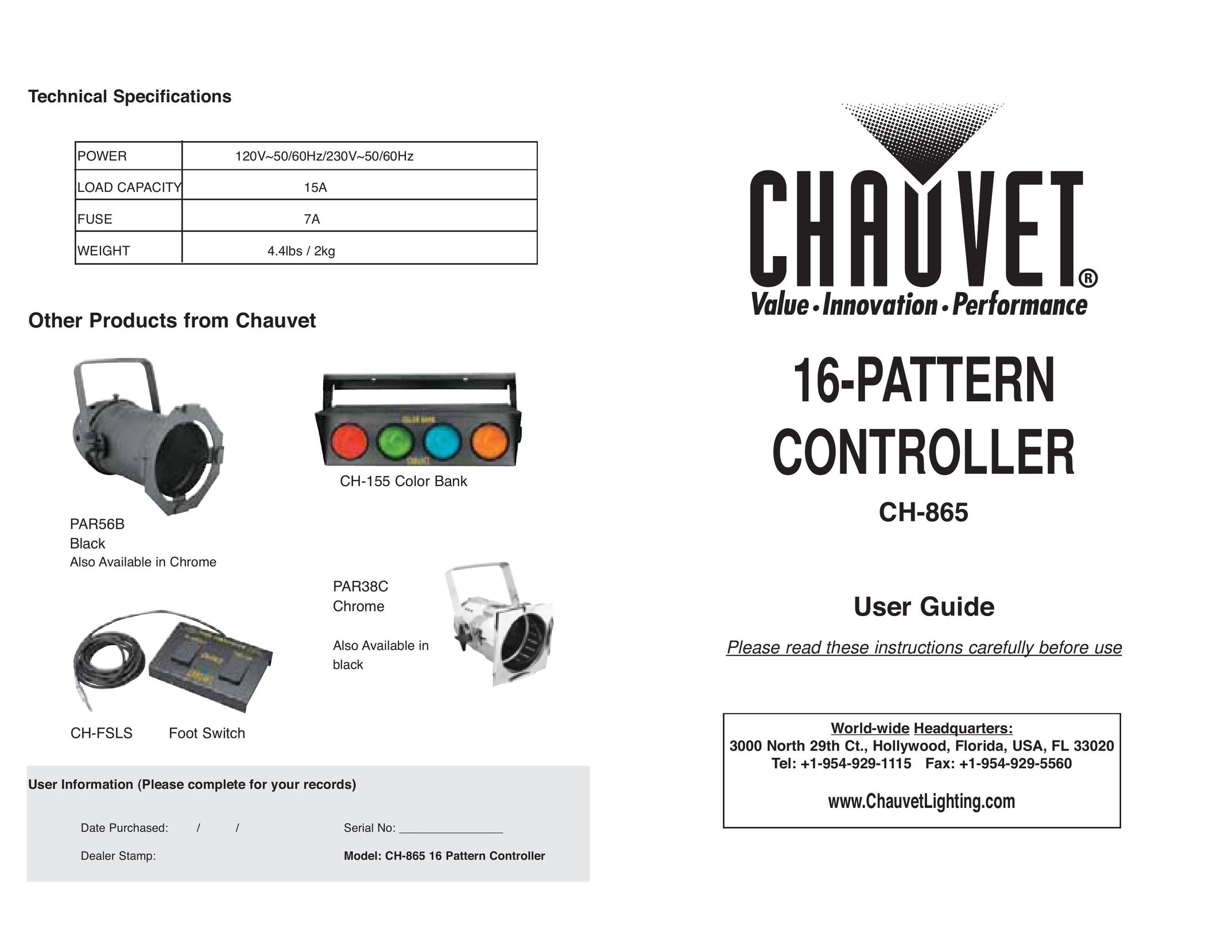 Chauvet CH-865 Indoor Furnishings User Manual