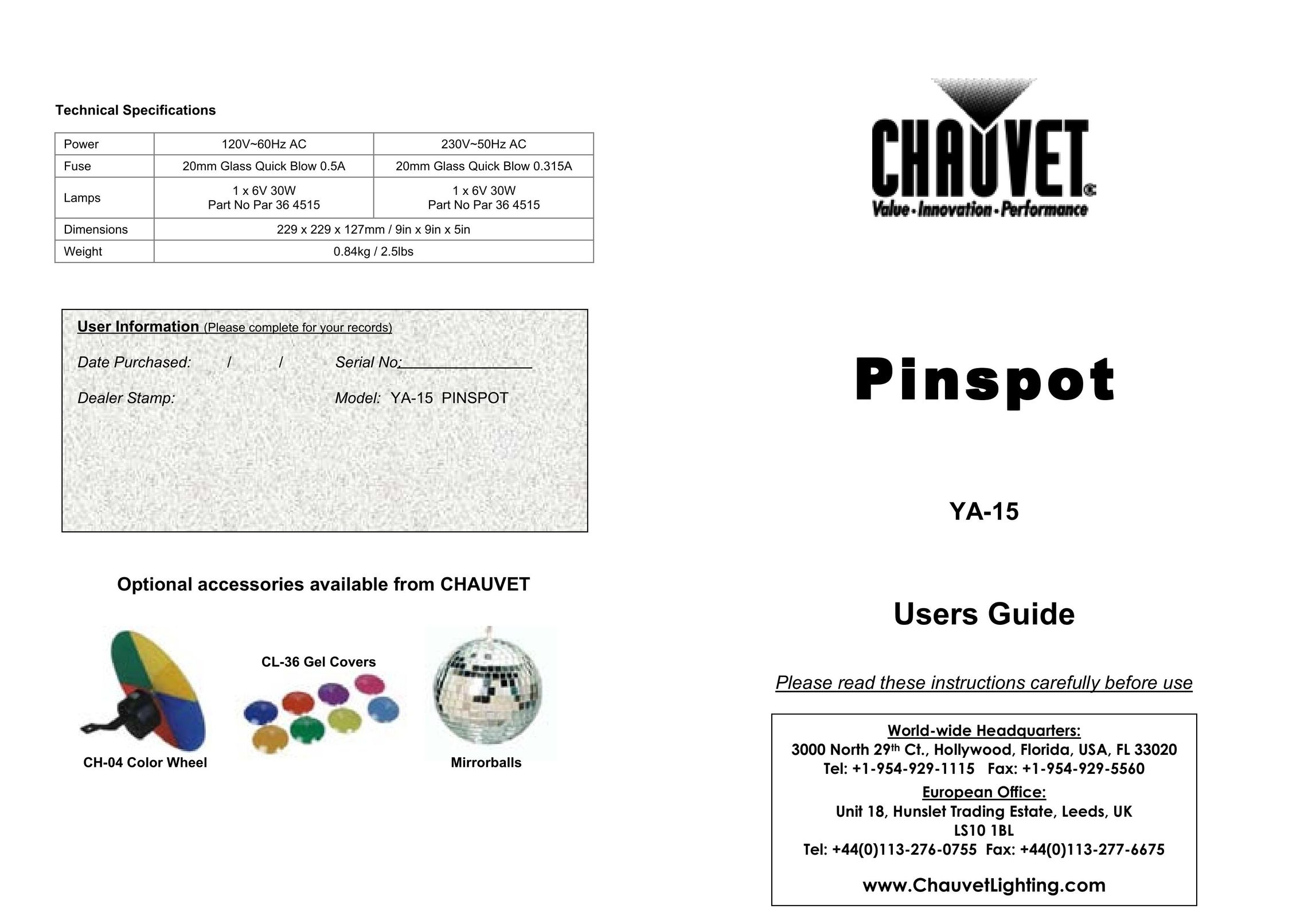 Chauvet YA-15 Indoor Furnishings User Manual