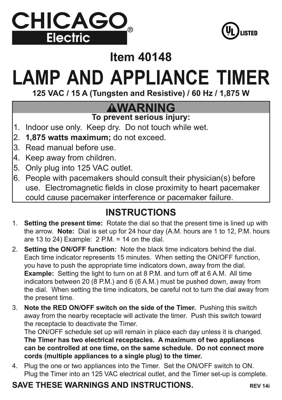 Chicago Electric 40148 Indoor Furnishings User Manual
