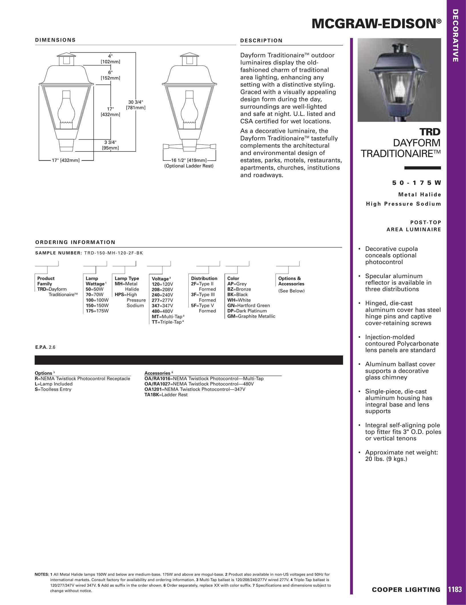 Cooper Lighting 1183 Indoor Furnishings User Manual