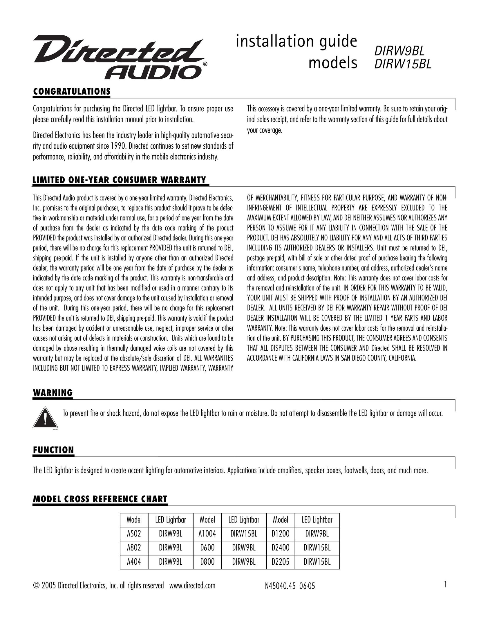 Directed Audio DIRW15BL Indoor Furnishings User Manual