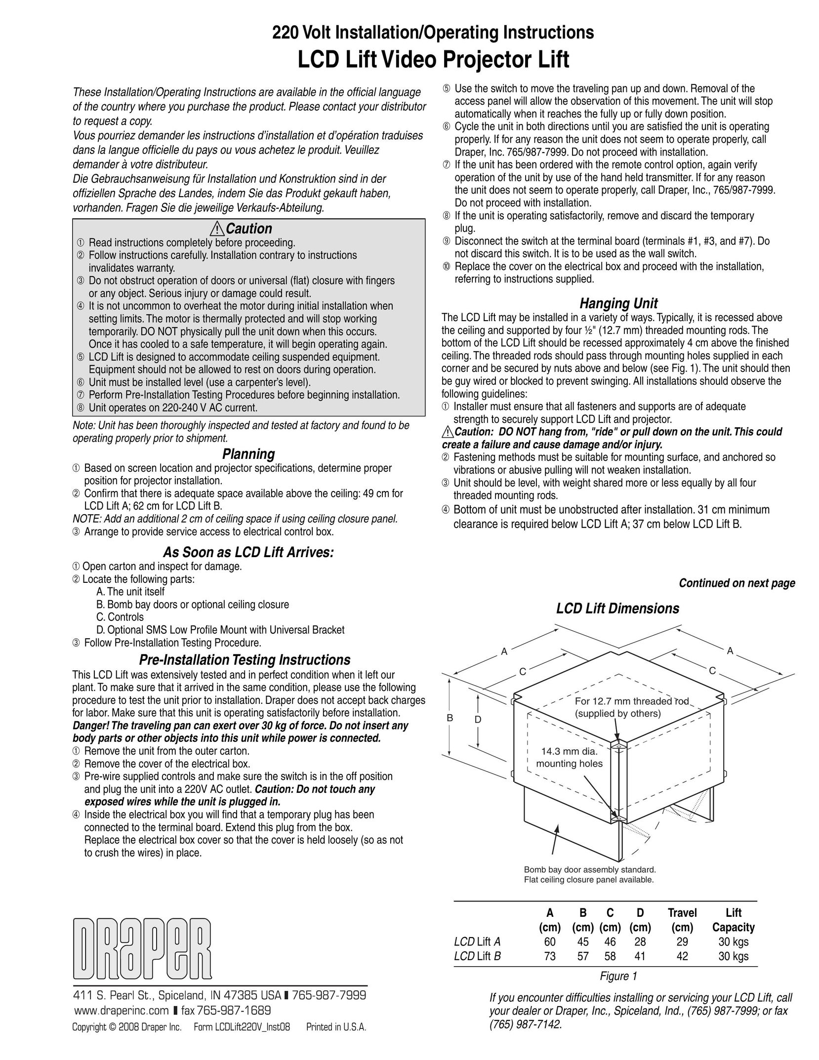 Draper LCD Lift Video Projector Indoor Furnishings User Manual