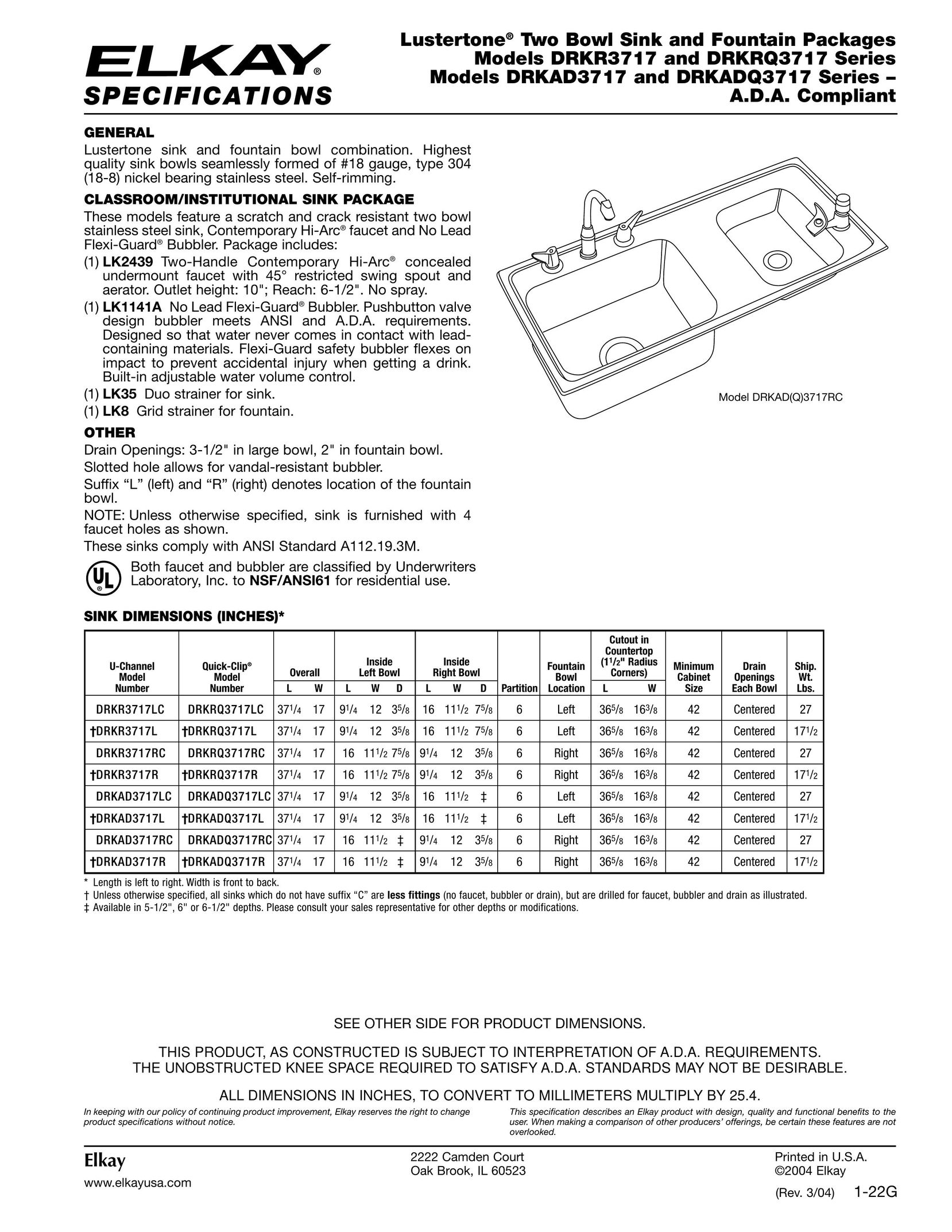 Elkay DRKAD3717 Indoor Furnishings User Manual