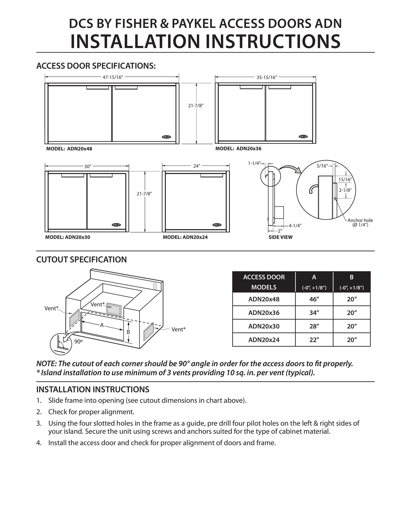 Fisher & Paykel ADN20x24 Indoor Furnishings User Manual