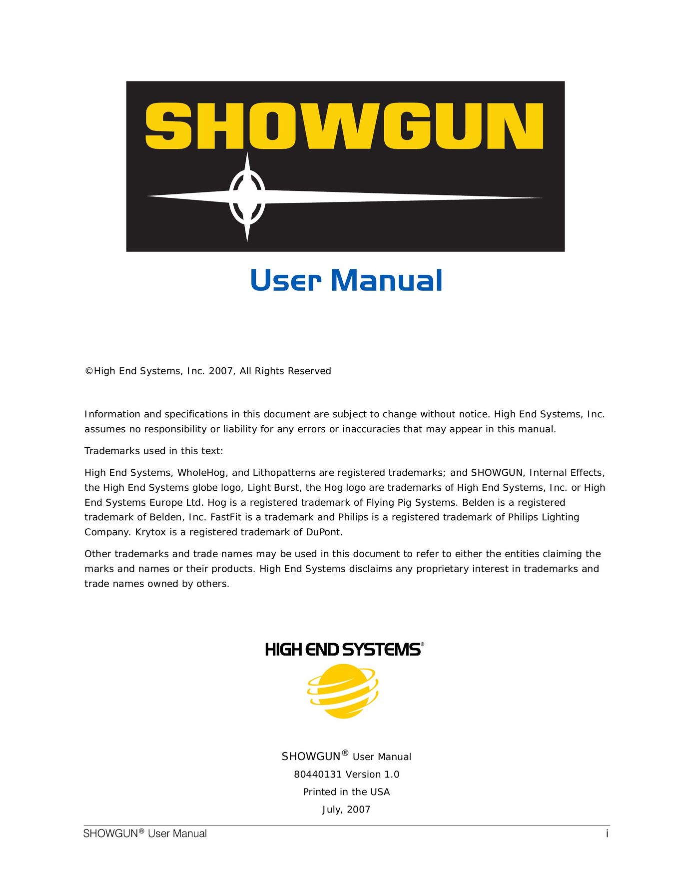 High End Systems SHOWGUN Indoor Furnishings User Manual