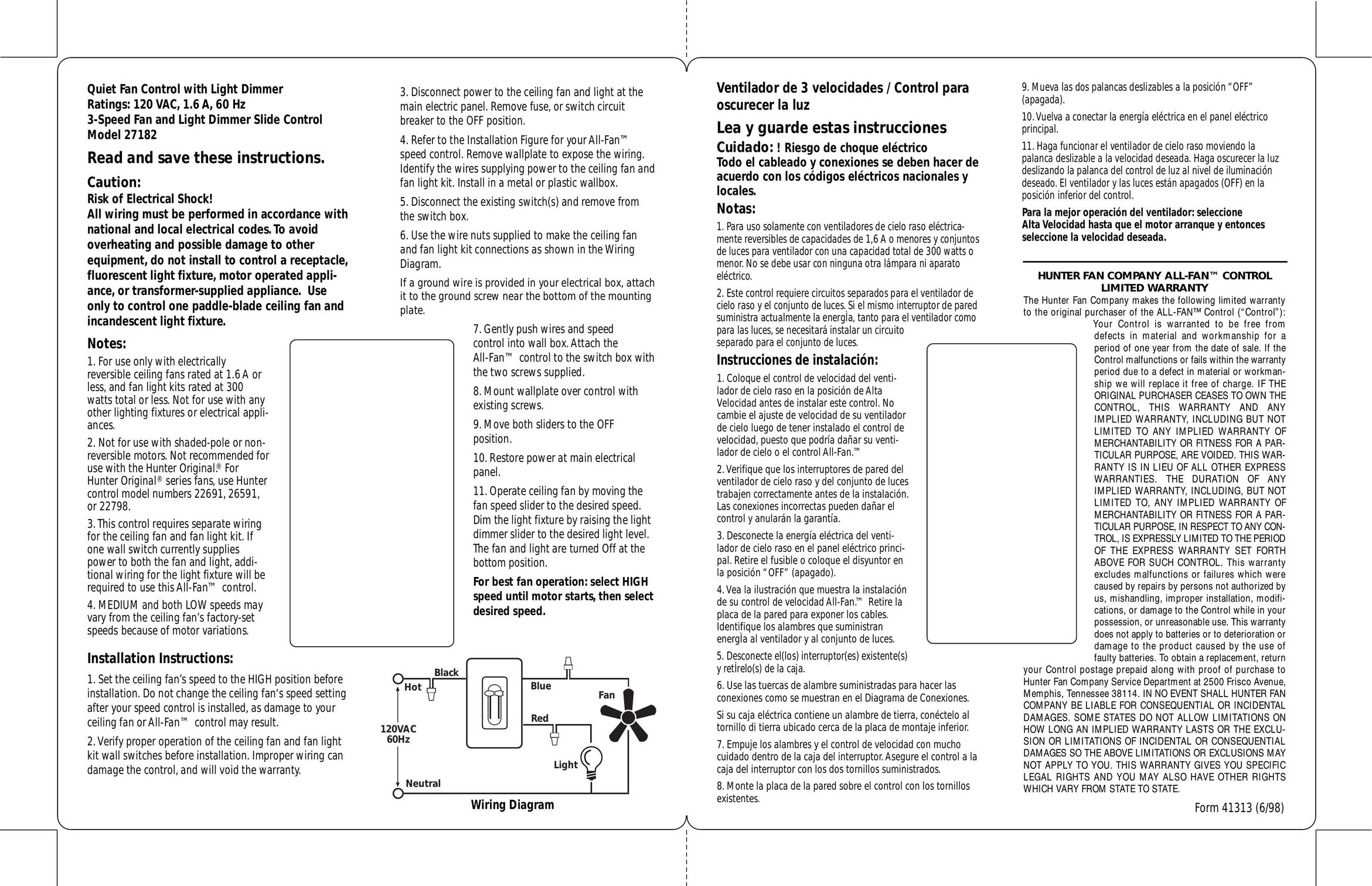 Hunter Fan 27182 Indoor Furnishings User Manual