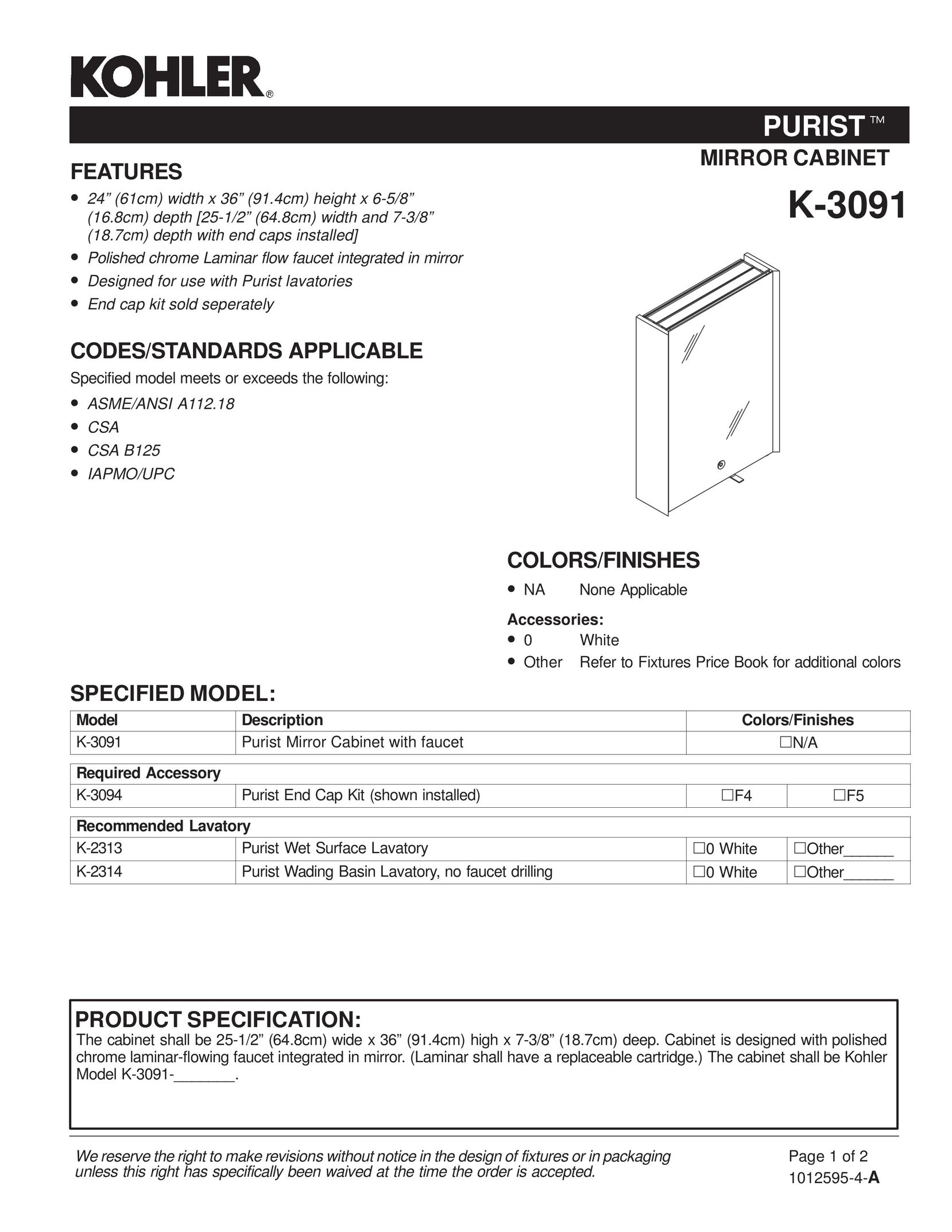 Kohler K-3091 Indoor Furnishings User Manual