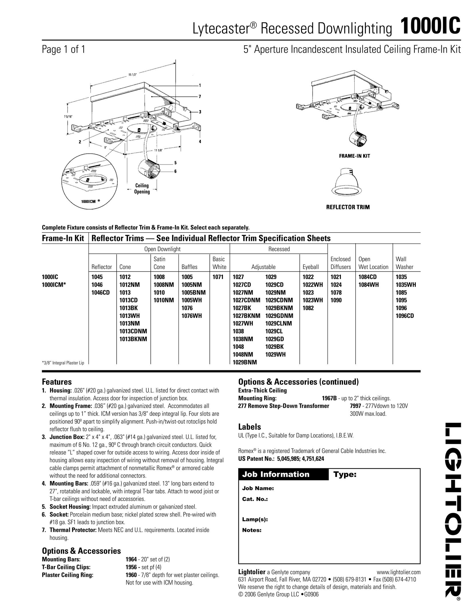 Lightolier 1000IC Indoor Furnishings User Manual