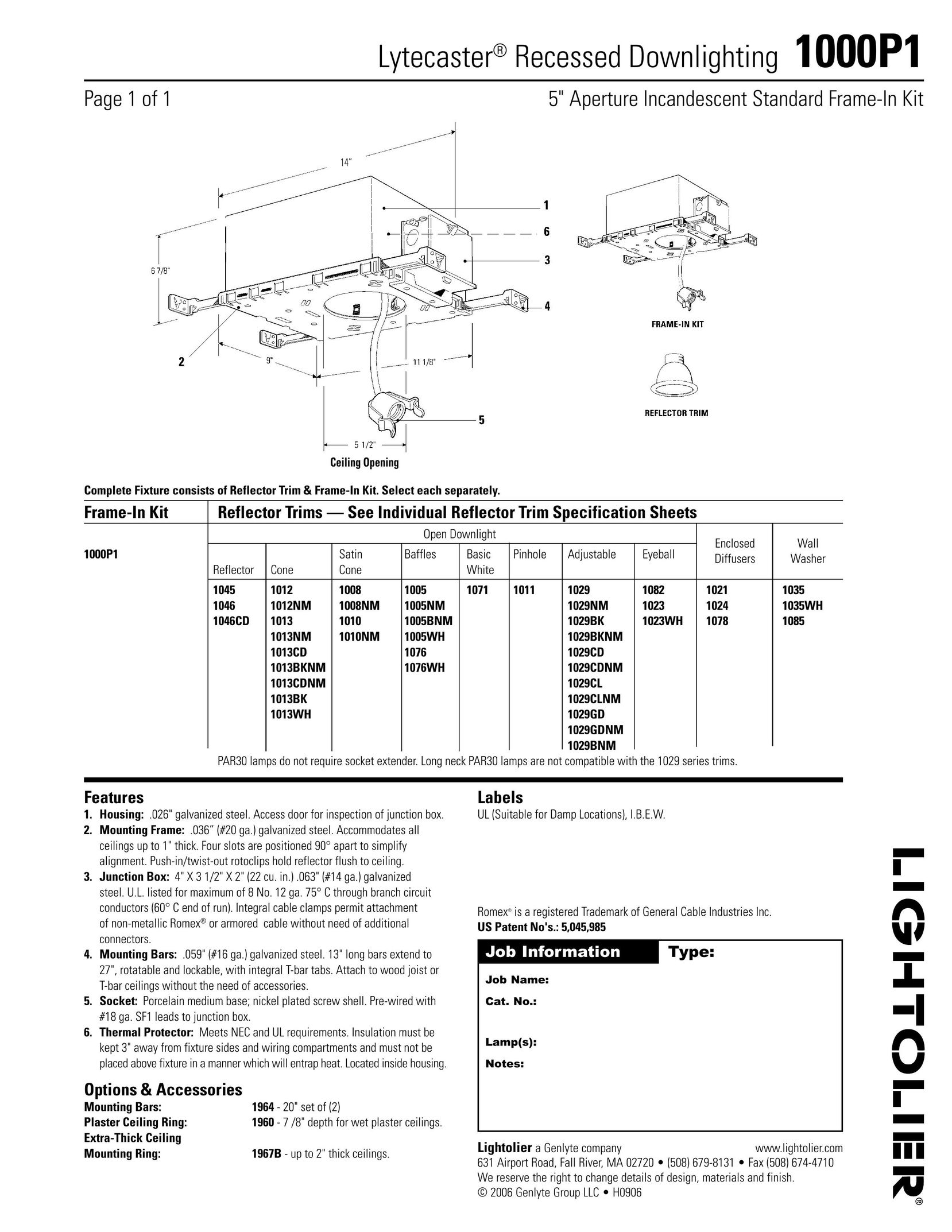 Lightolier 1000P1 Indoor Furnishings User Manual