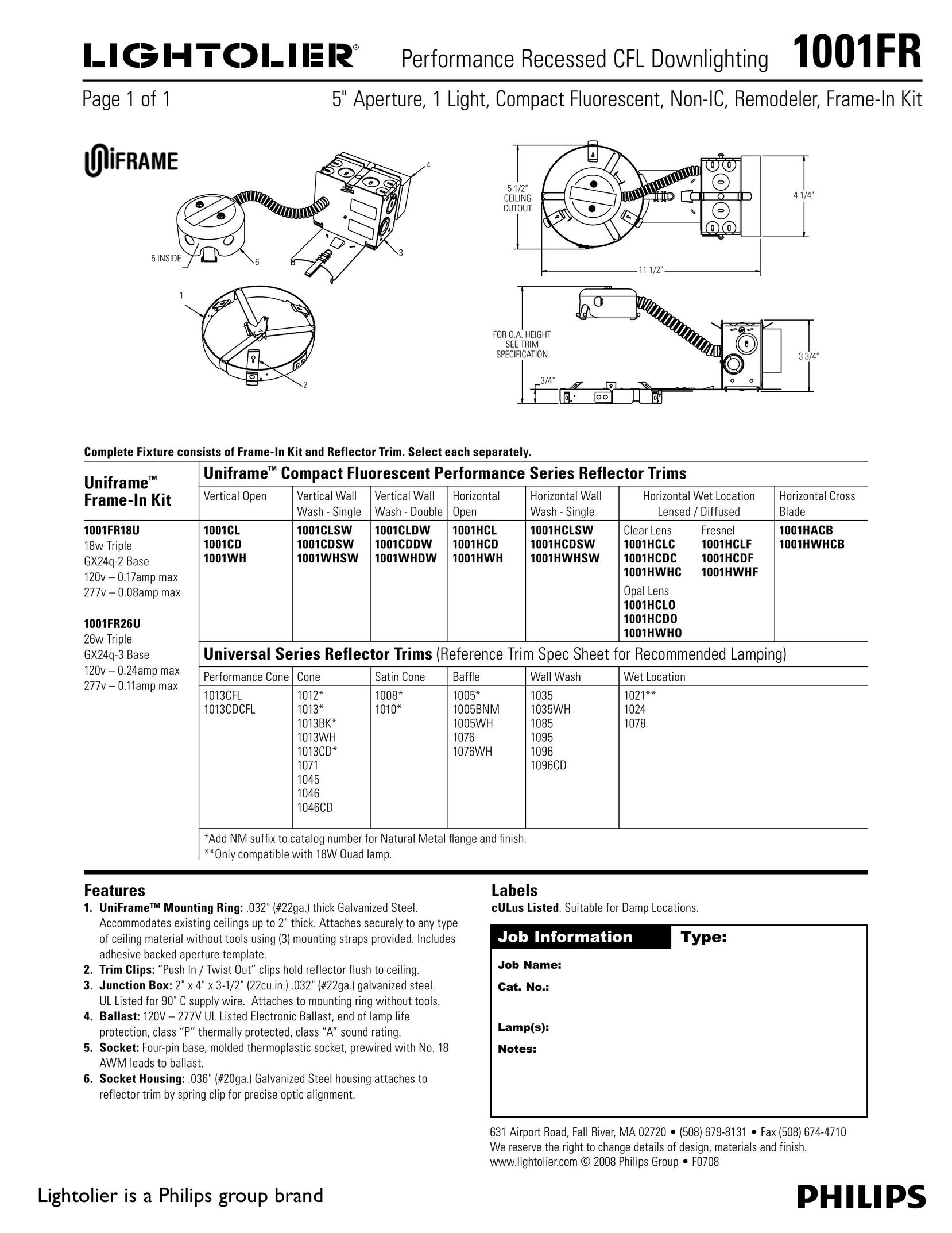 Lightolier 1001FR Indoor Furnishings User Manual