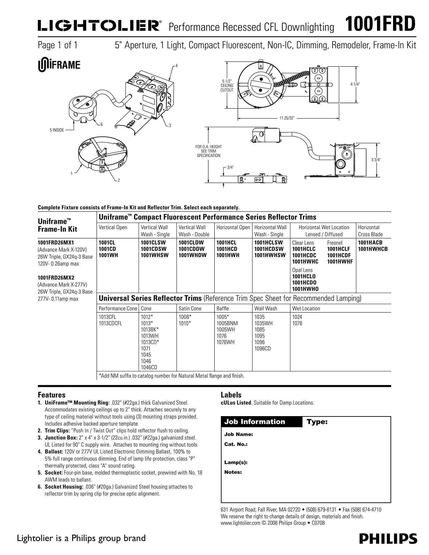 Lightolier 1001FRD Indoor Furnishings User Manual