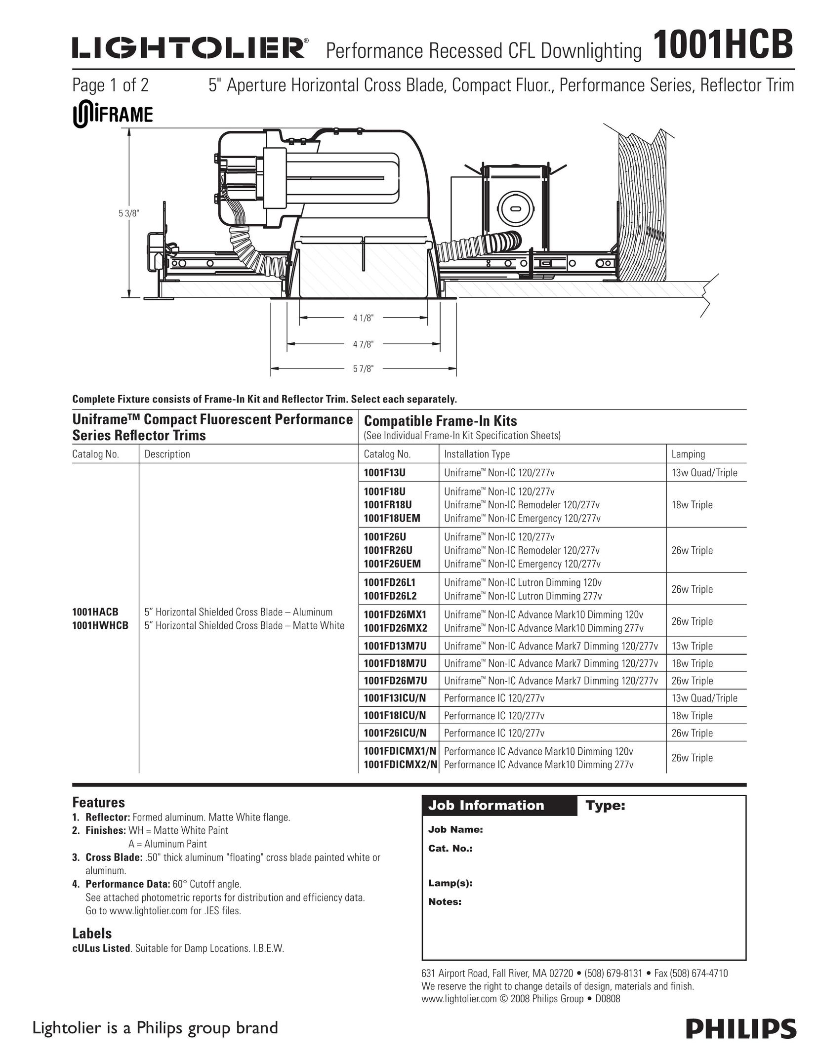 Lightolier 1001HCB Indoor Furnishings User Manual
