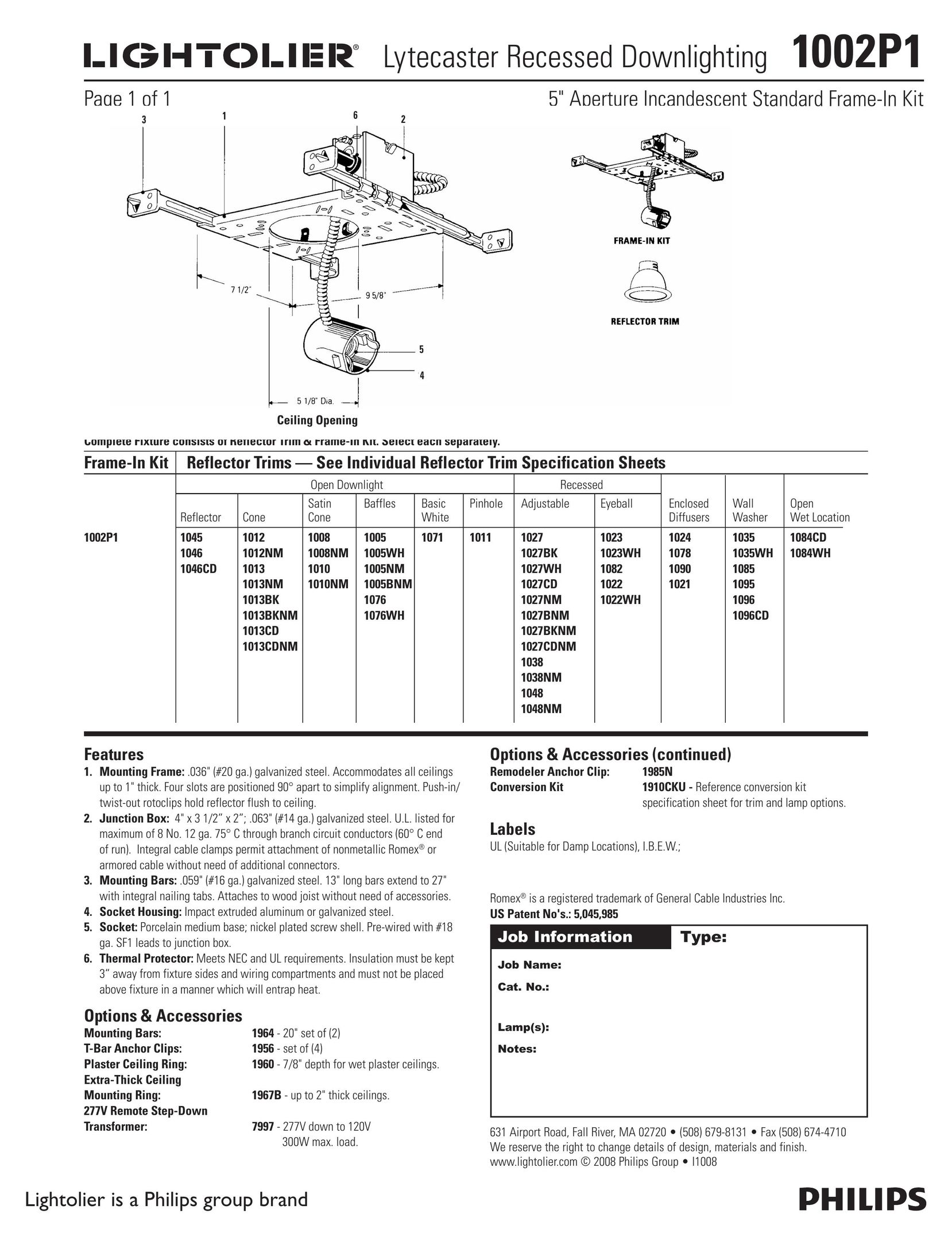 Lightolier 1002P1 Indoor Furnishings User Manual