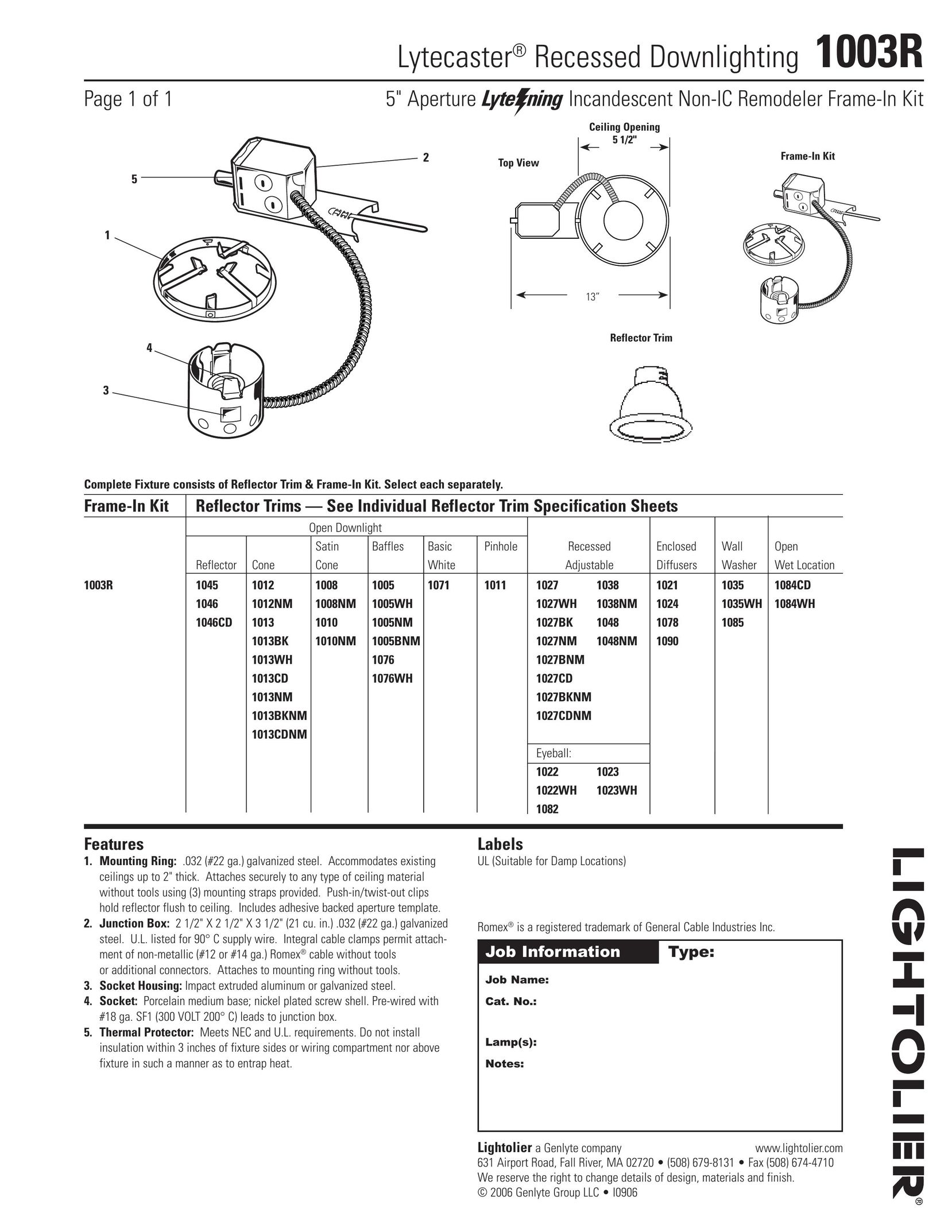 Lightolier 1003R Indoor Furnishings User Manual