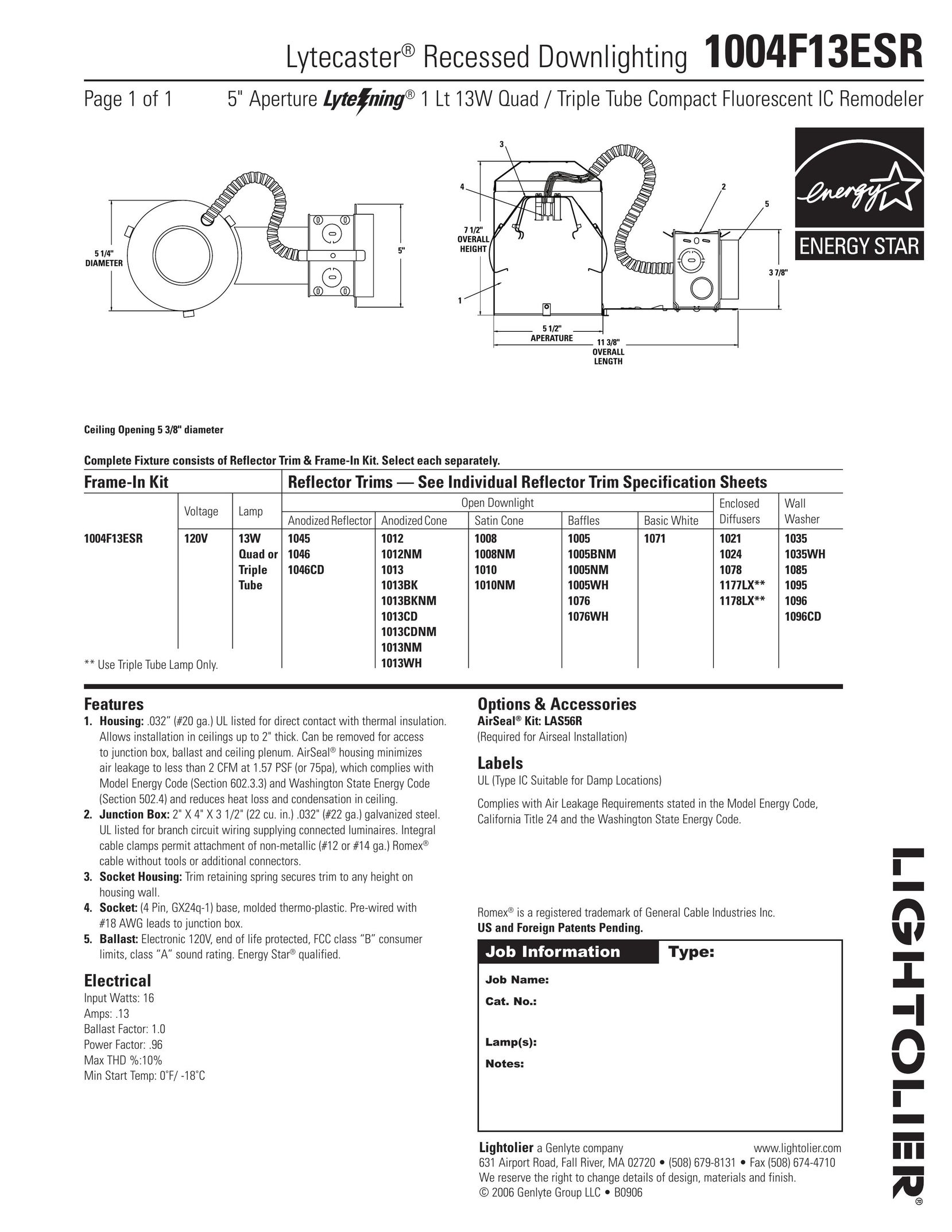 Lightolier 1004F13ESR Indoor Furnishings User Manual