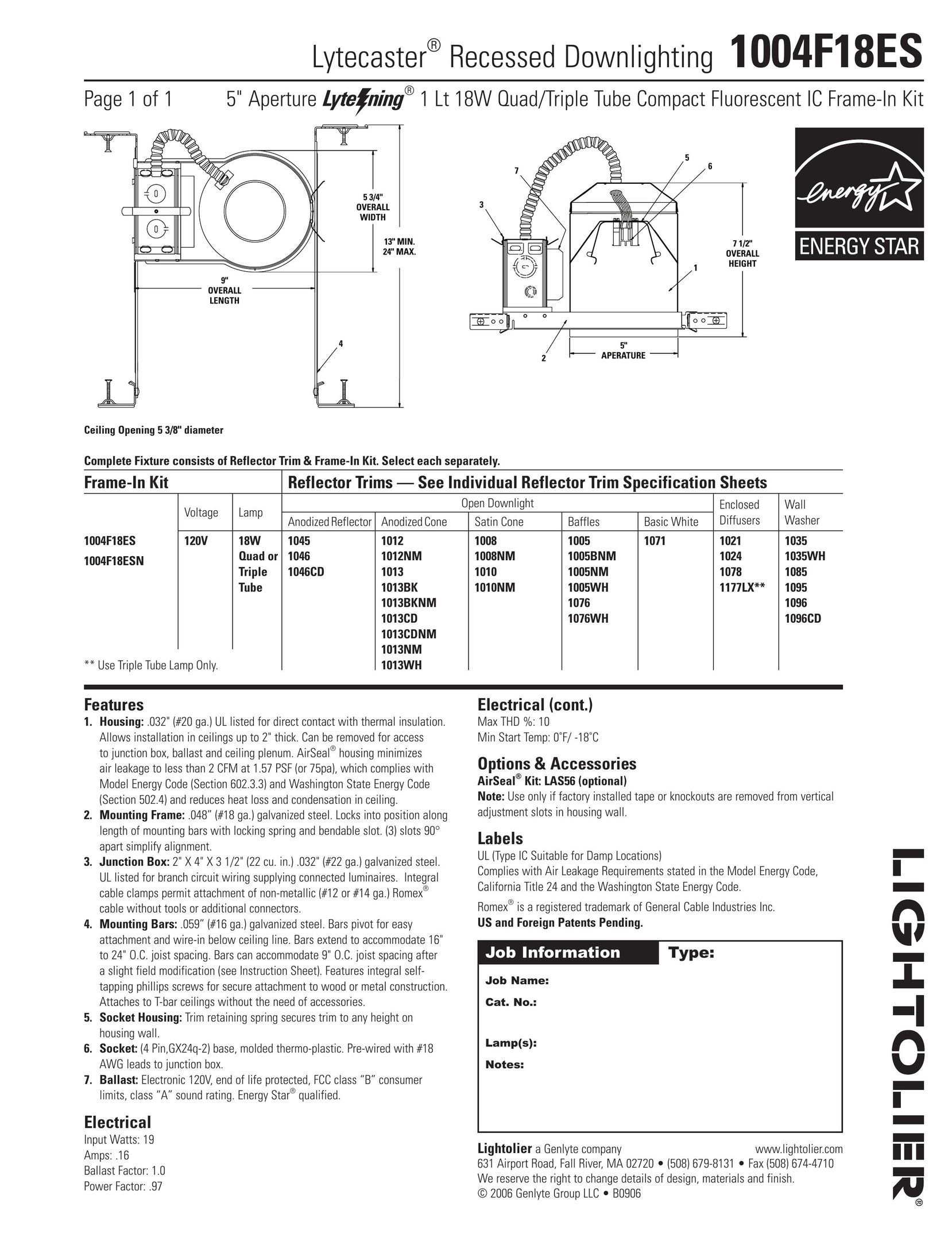 Lightolier 1004F18ES Indoor Furnishings User Manual
