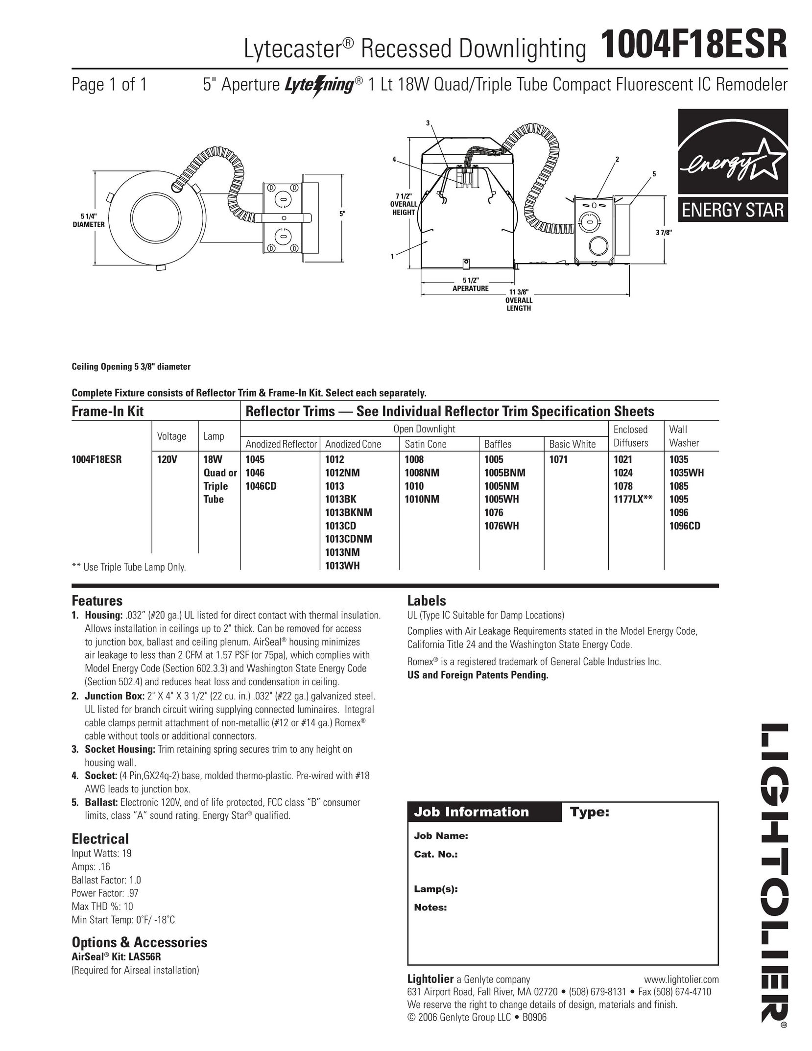 Lightolier 1004F18ESR Indoor Furnishings User Manual