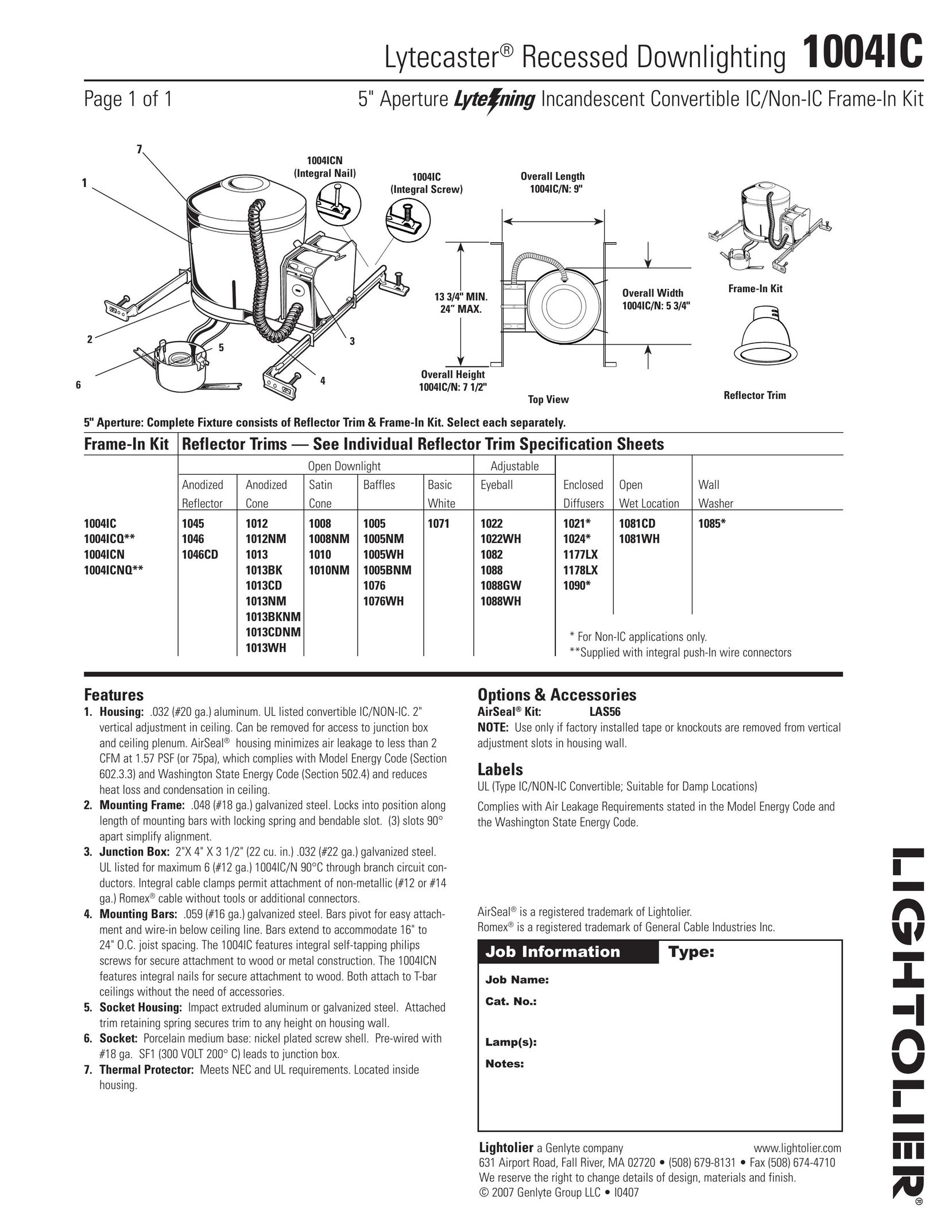 Lightolier 1004IC Indoor Furnishings User Manual