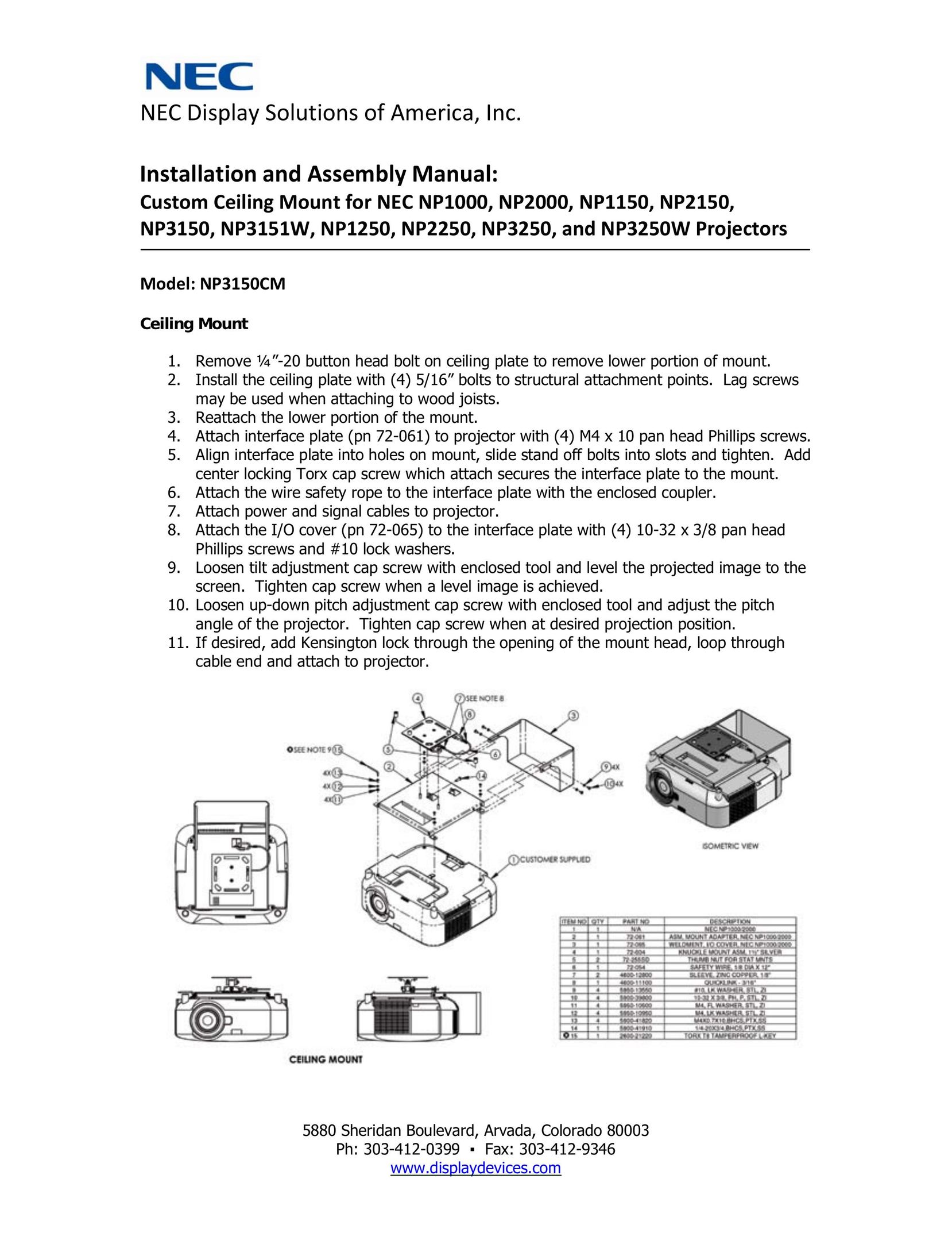 NEC NP3150CM Indoor Furnishings User Manual