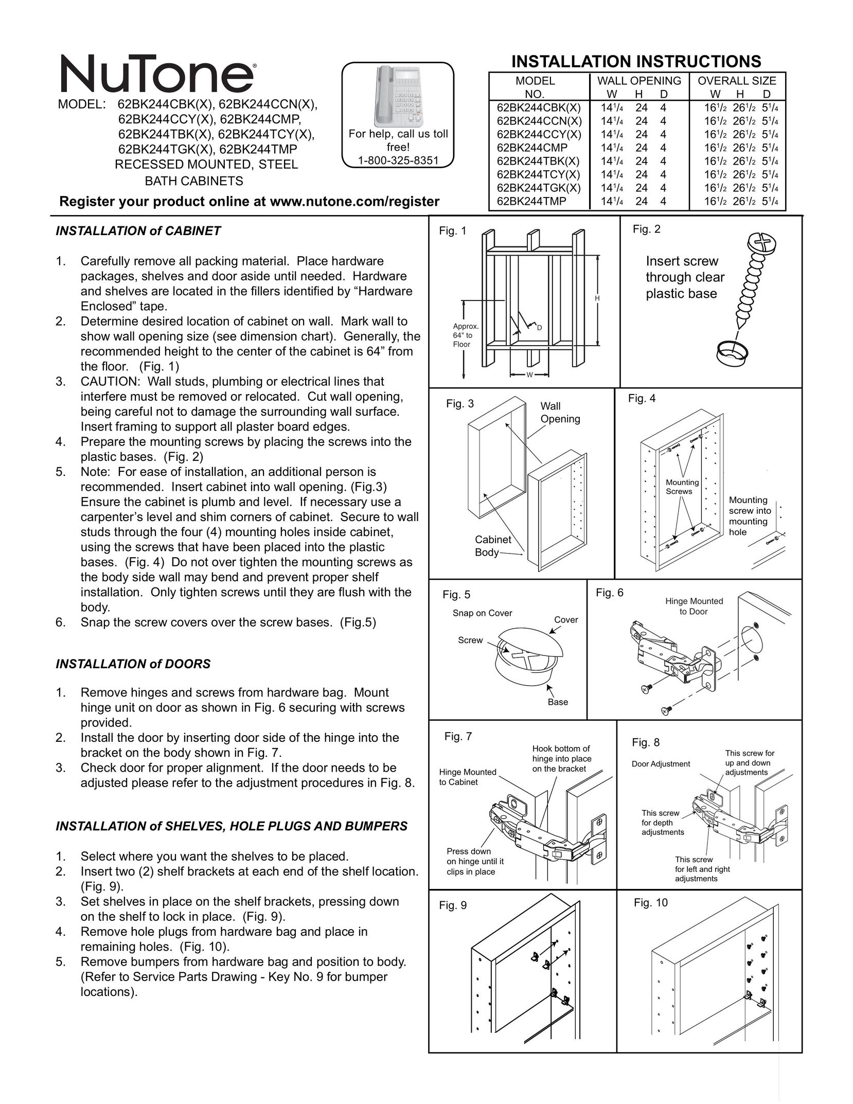 NuTone 62BK244CMP Indoor Furnishings User Manual